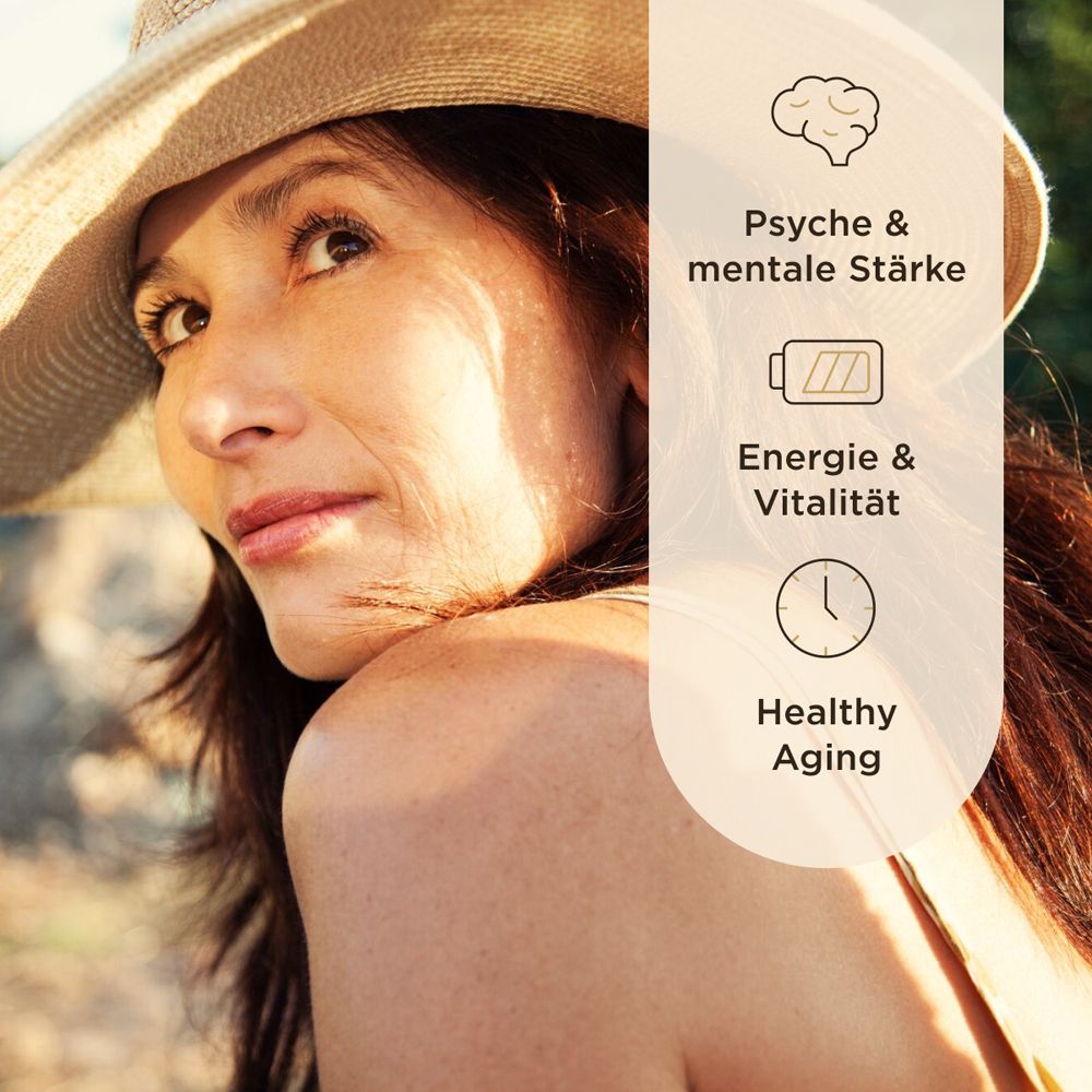 Frau mit Hut. Text: Psyche & mentale Stärke, Energie & Vitalität, Healthy Aging.
