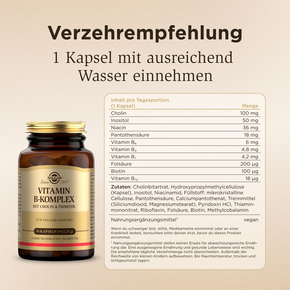 Braune Glasflasche und Text: Verzehrempfehlung: 1 Kapsel mit ausreichend Wasser einnehmen. Inhaltsstoffe.