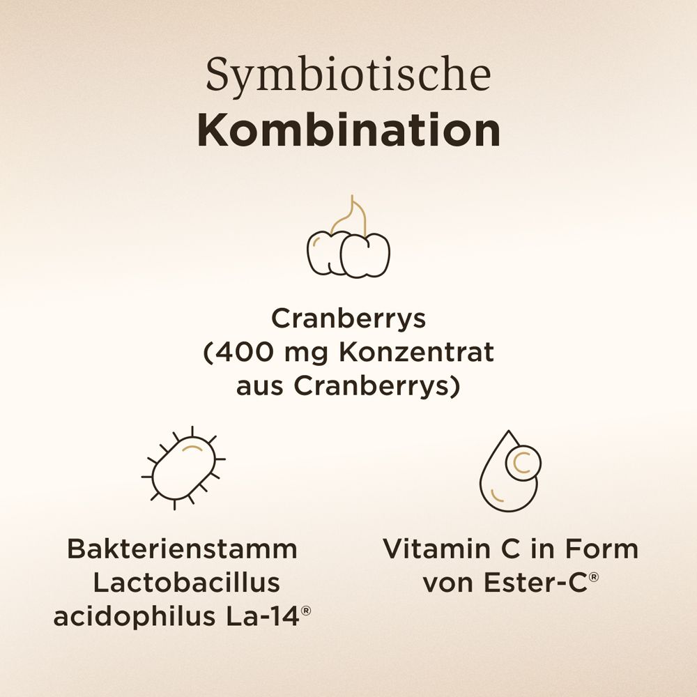 Grafik mit Cranberrys, Bakterienstamm Lactobacillus acidophilus La-14® und Vitamin C in Form von Ester-C®.