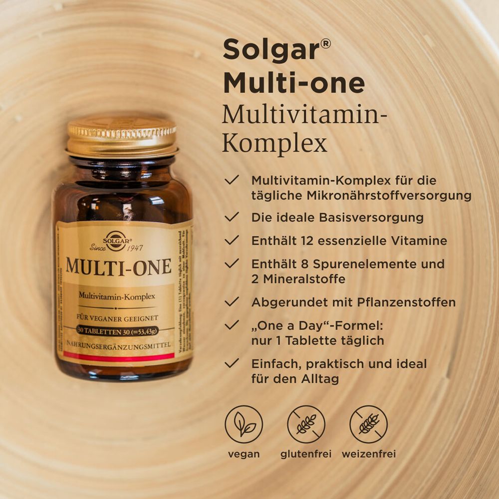 Solgar Multi-One Multivitamin-Komplex. Enthält 12 Vitamine, 8 Spurenelemente und 2 Mineralstoffe. Vegan.