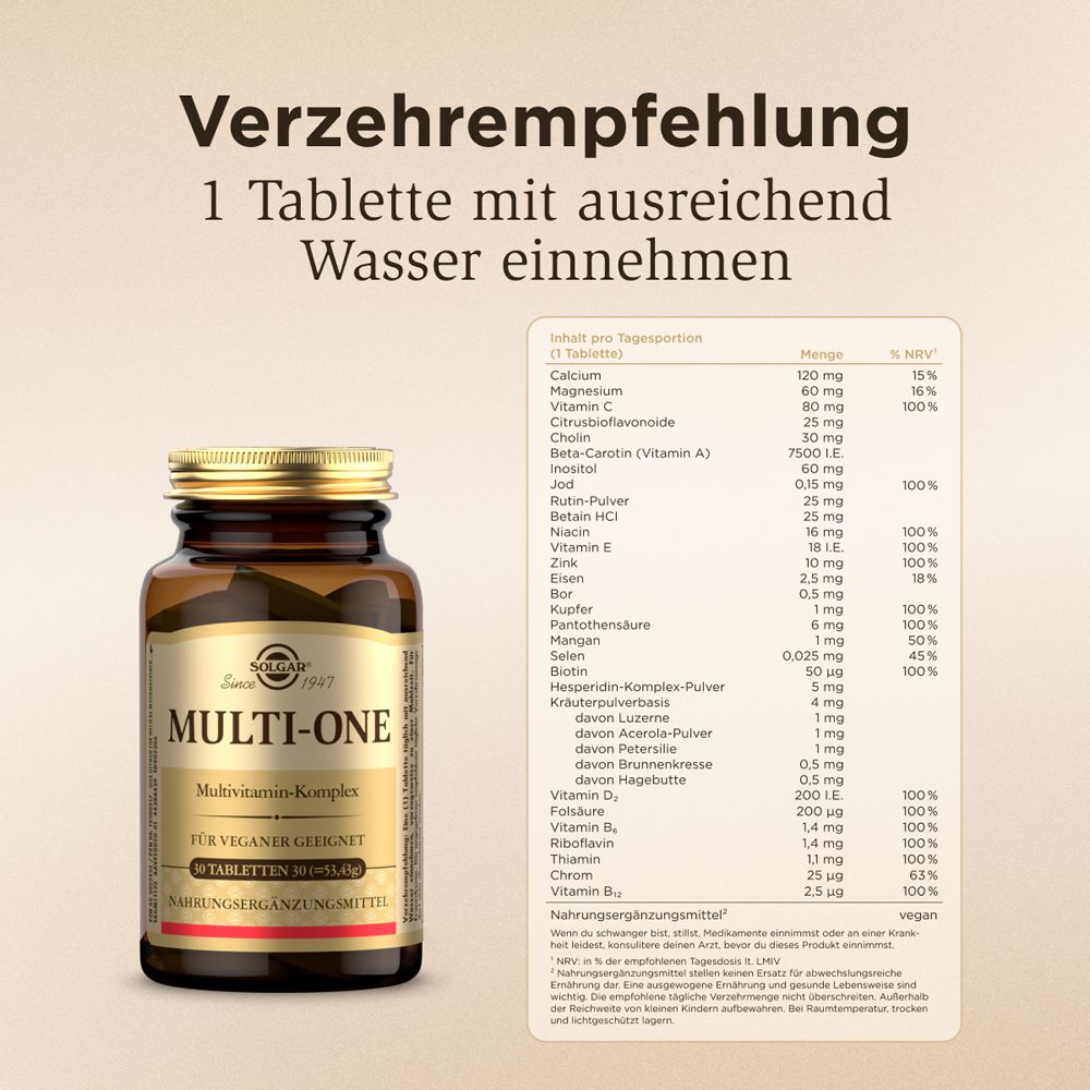 Braune Flasche mit Etikett. Text: Verzehrempfehlung: 1 Tablette mit Wasser. Inhaltsstoffe und Nährwerte.