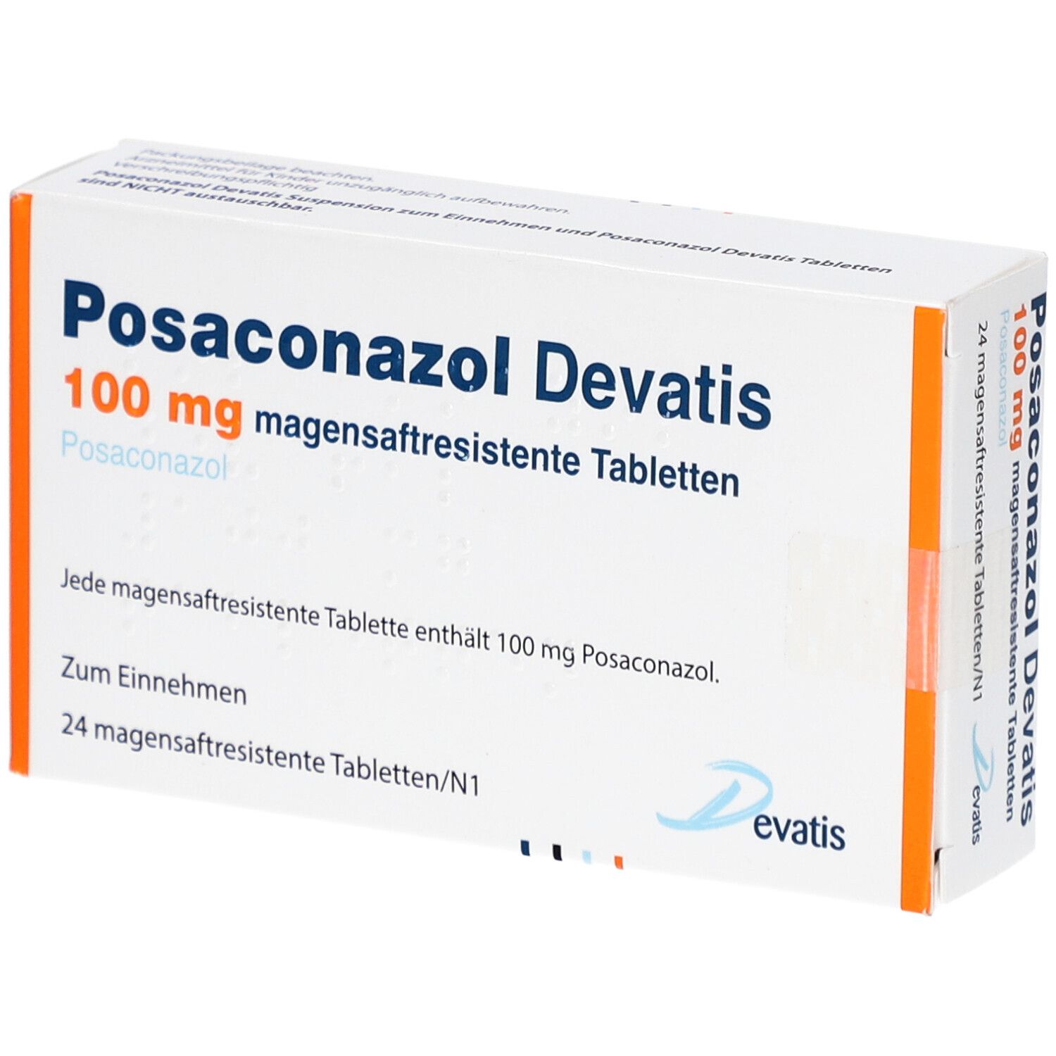 Schachtel mit Posaconazol Devatis 100 mg magensaftresistente Tabletten. Aufschrift: 24 Tabletten. Orangefarbene Akzente.