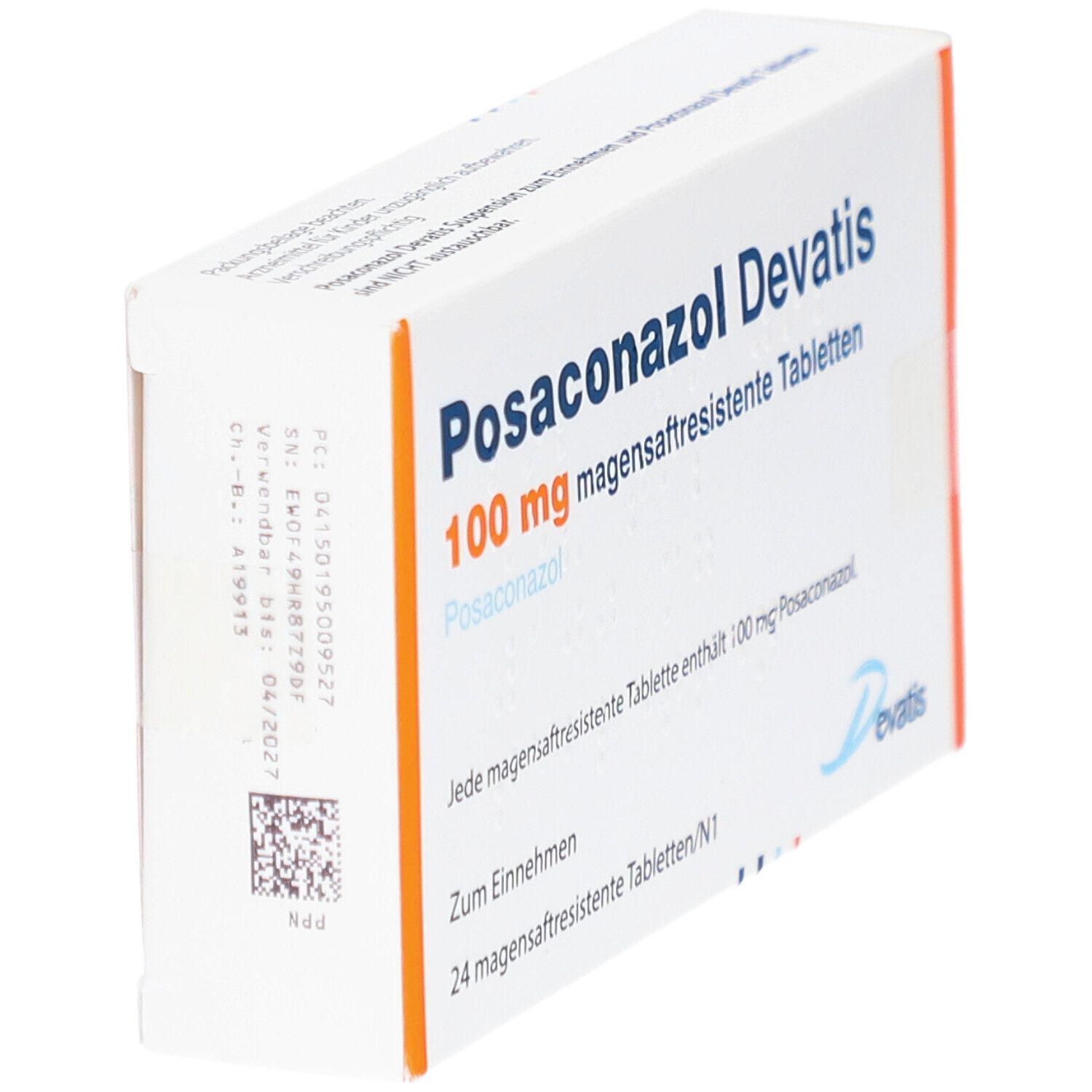 Schachtel Posaconazol Devatis 100 mg magensaftresistente Tabletten. Weiße Schachtel mit orangefarbenen Akzenten. Aufschrift.