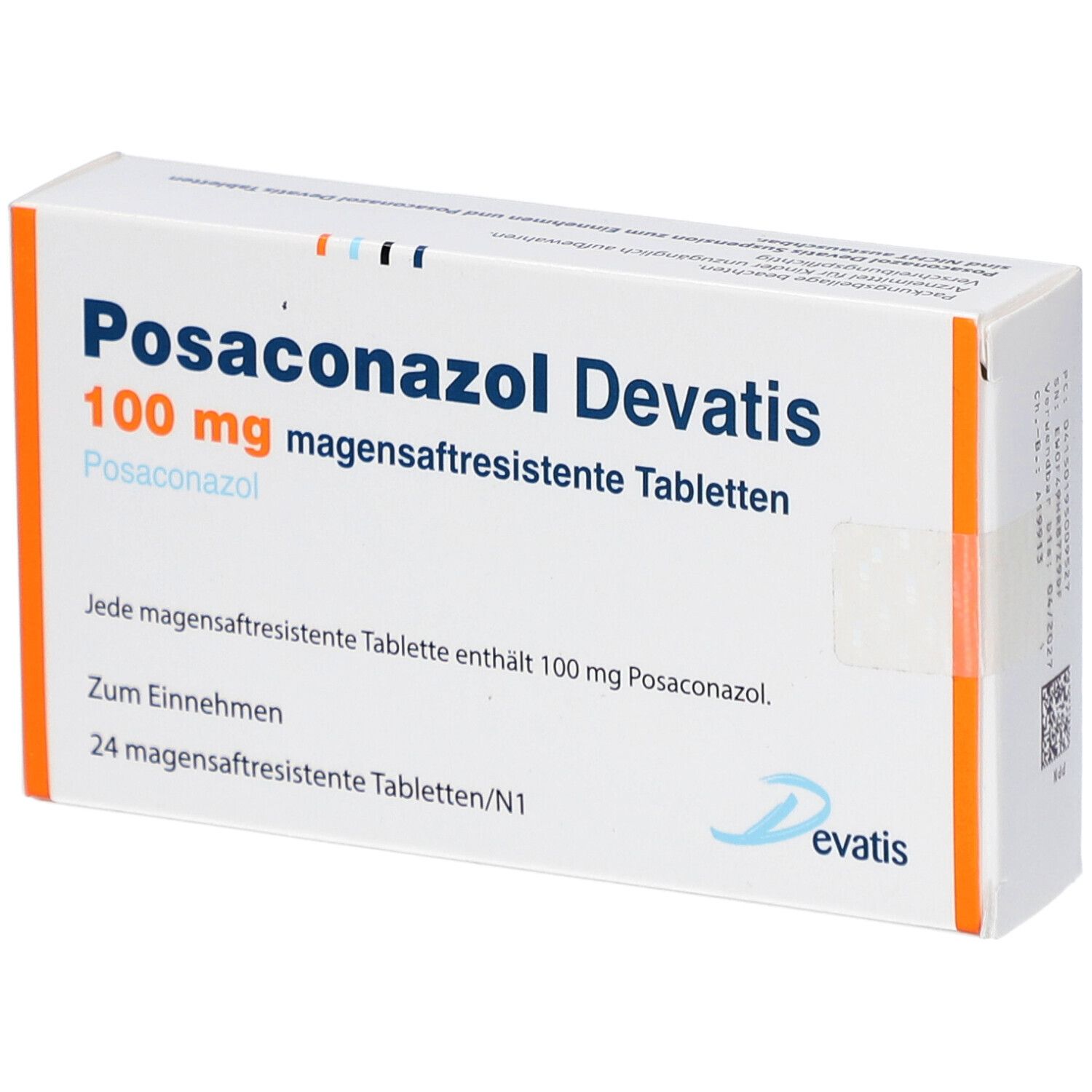 Schachtel Posaconazol Devatis 100 mg magensaftresistente Tabletten. Weiße Schachtel mit orangefarbenen Akzenten. Aufschrift.