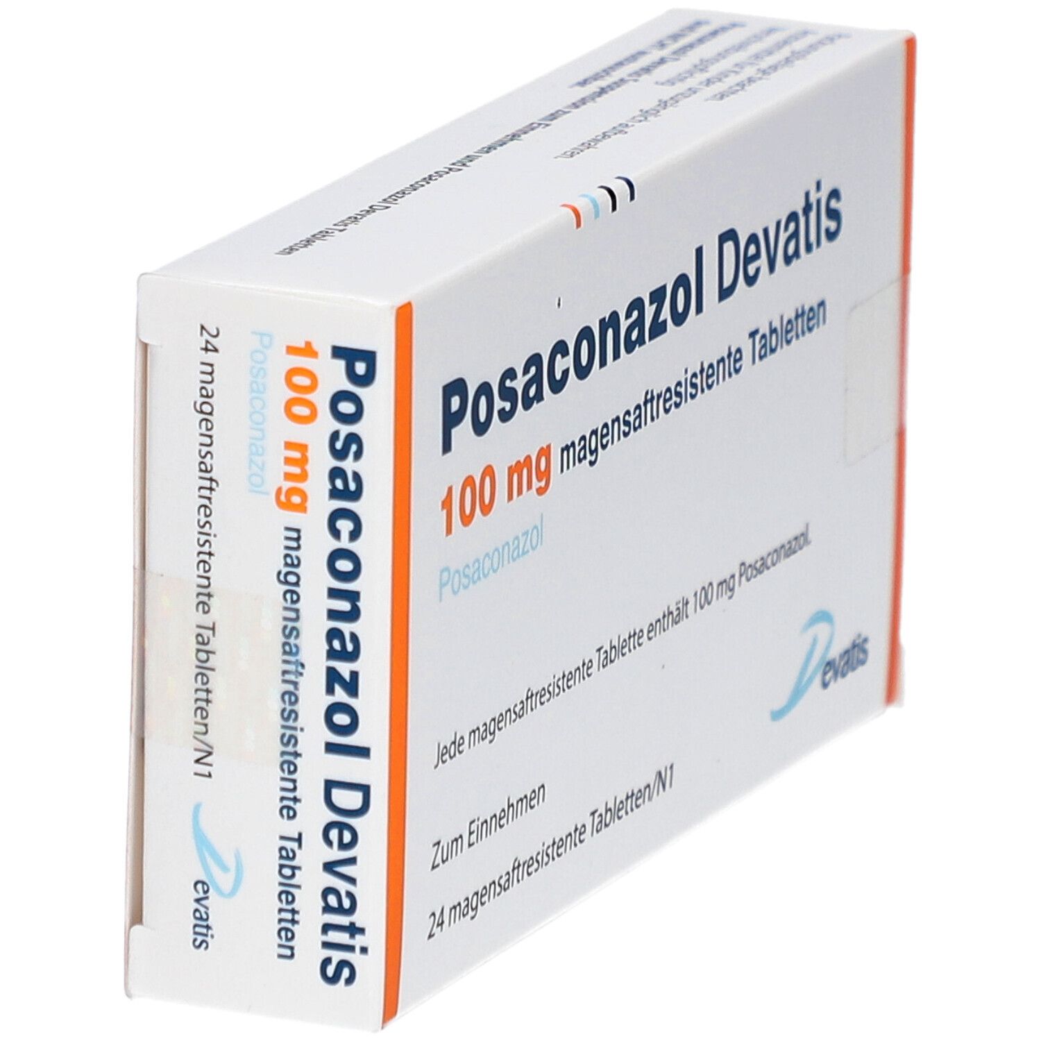 Schachtel Posaconazol Devatis 100 mg magensaftresistente Tabletten. Weiße Schachtel mit orangefarbenen Akzenten. Aufschrift.