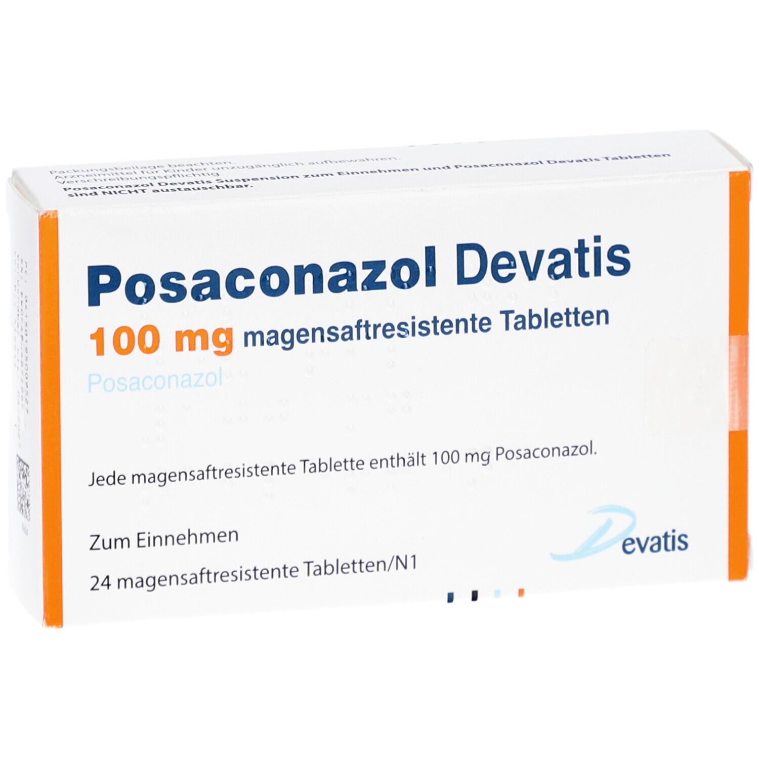 Schachtel Posaconazol Devatis 100 mg magensaftresistente Tabletten. Weiße Schachtel mit orangefarbenen Akzenten. Aufschrift.