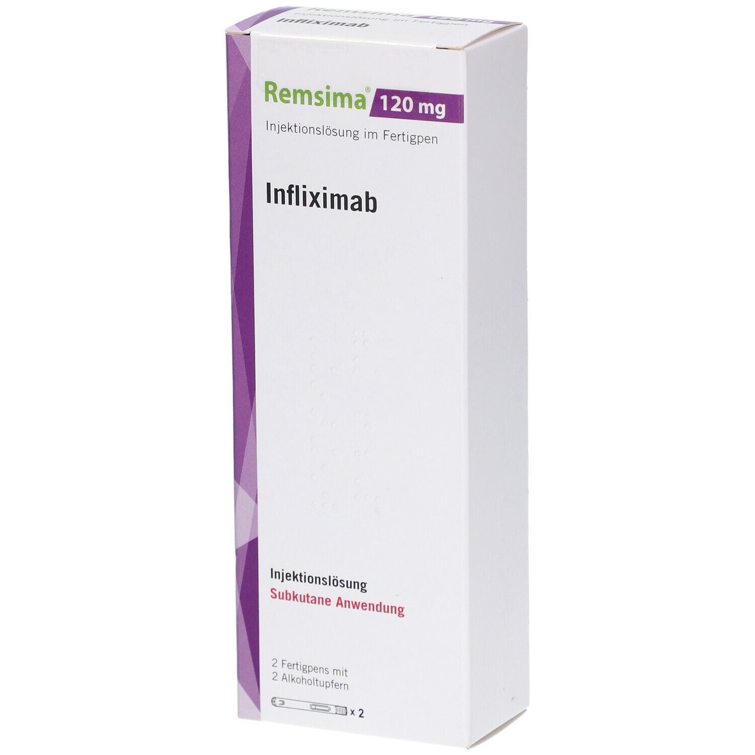 Schachtel mit REMSIMA 120 mg Injektionslösung im Fertigpen. Lila Akzent. Infliximab. 2 Fertigpens und 2 Alkoholtupfer.