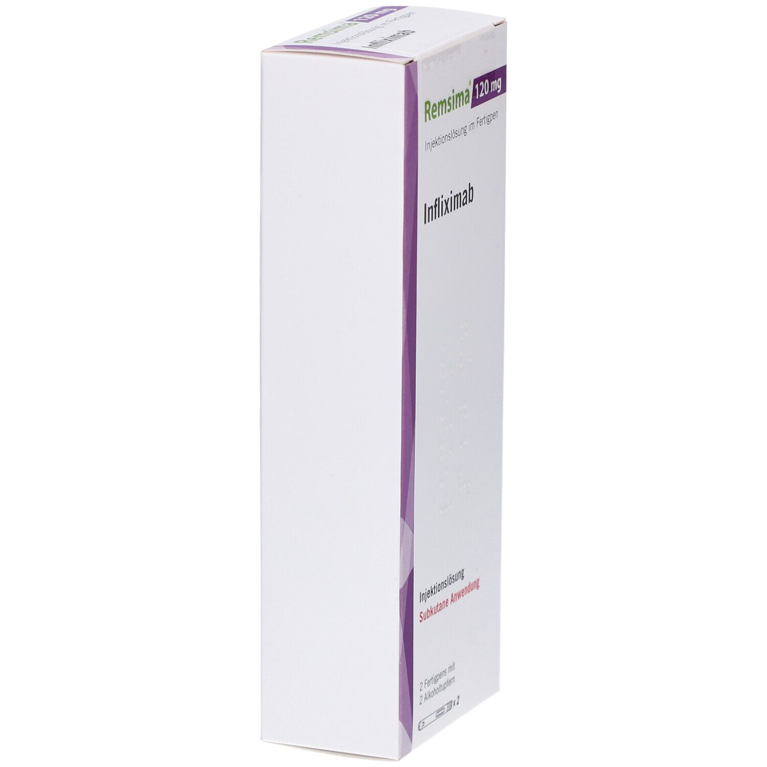 Seitenansicht der REMSIMA 120 mg Schachtel. Lila Akzent. Infliximab. Text: Injektionslösung, subkutane Anwendung.