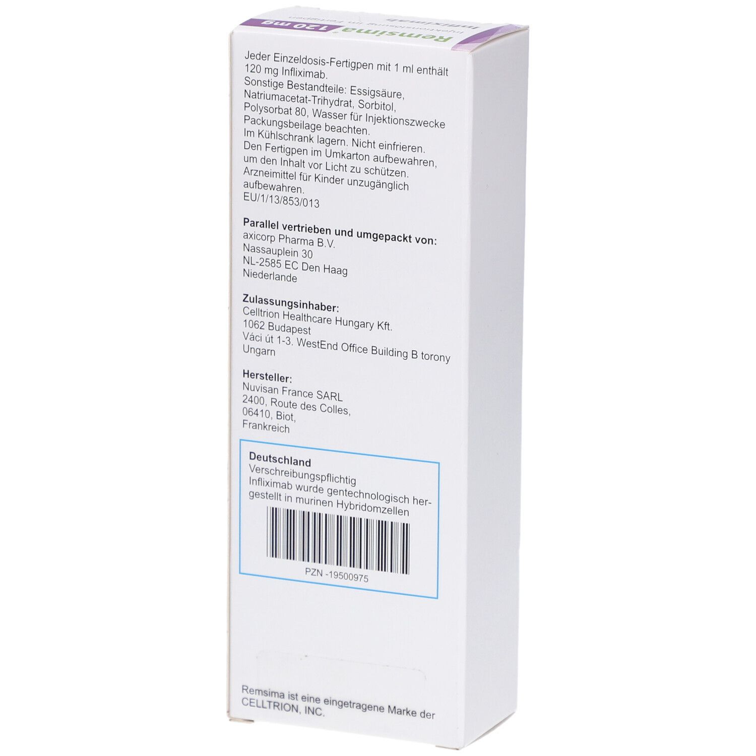 Rückseite der REMSIMA 120 mg Schachtel. Text: Inhaltsstoffe, Hersteller, Chargennummer, PZN-Nummer, Barcode.