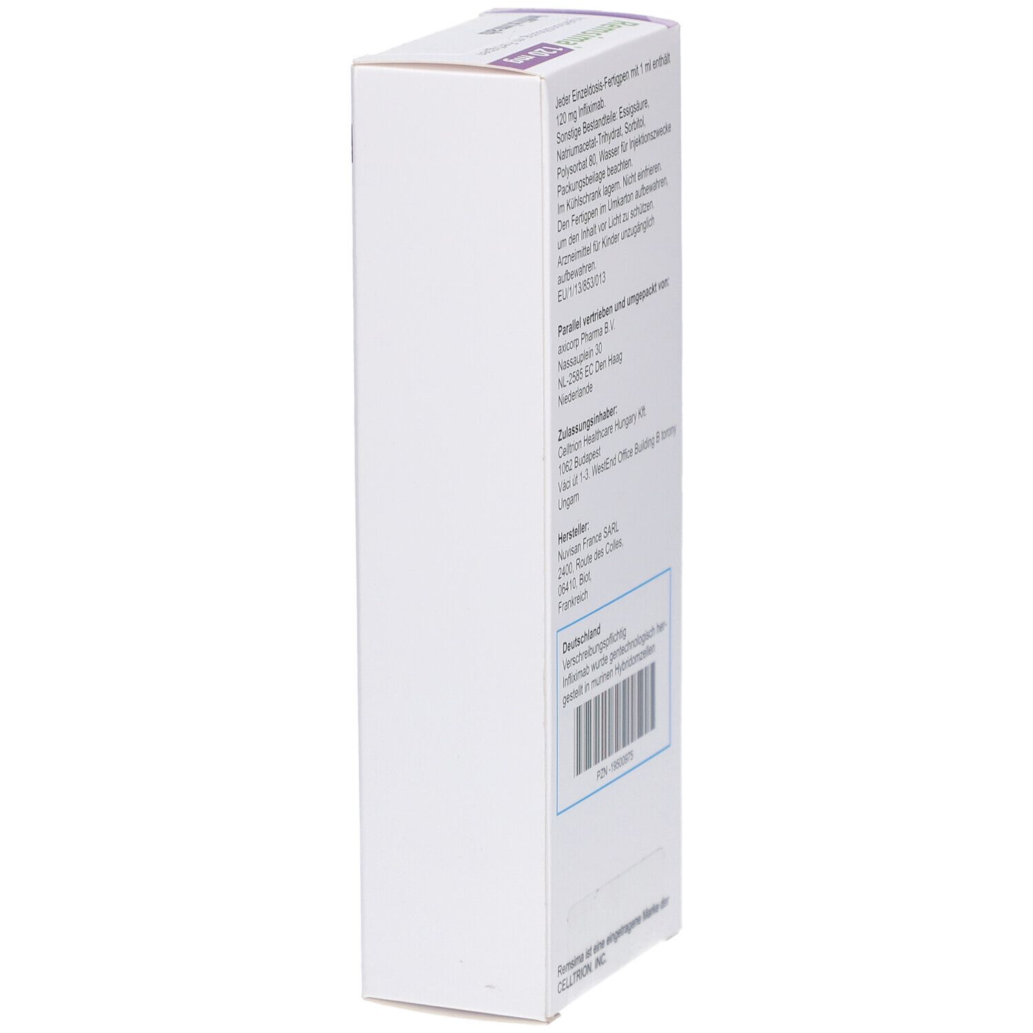 Seitenansicht der REMSIMA 120 mg Schachtel. Text: Inhaltsstoffe, Hersteller, Chargennummer, PZN-Nummer, Barcode.