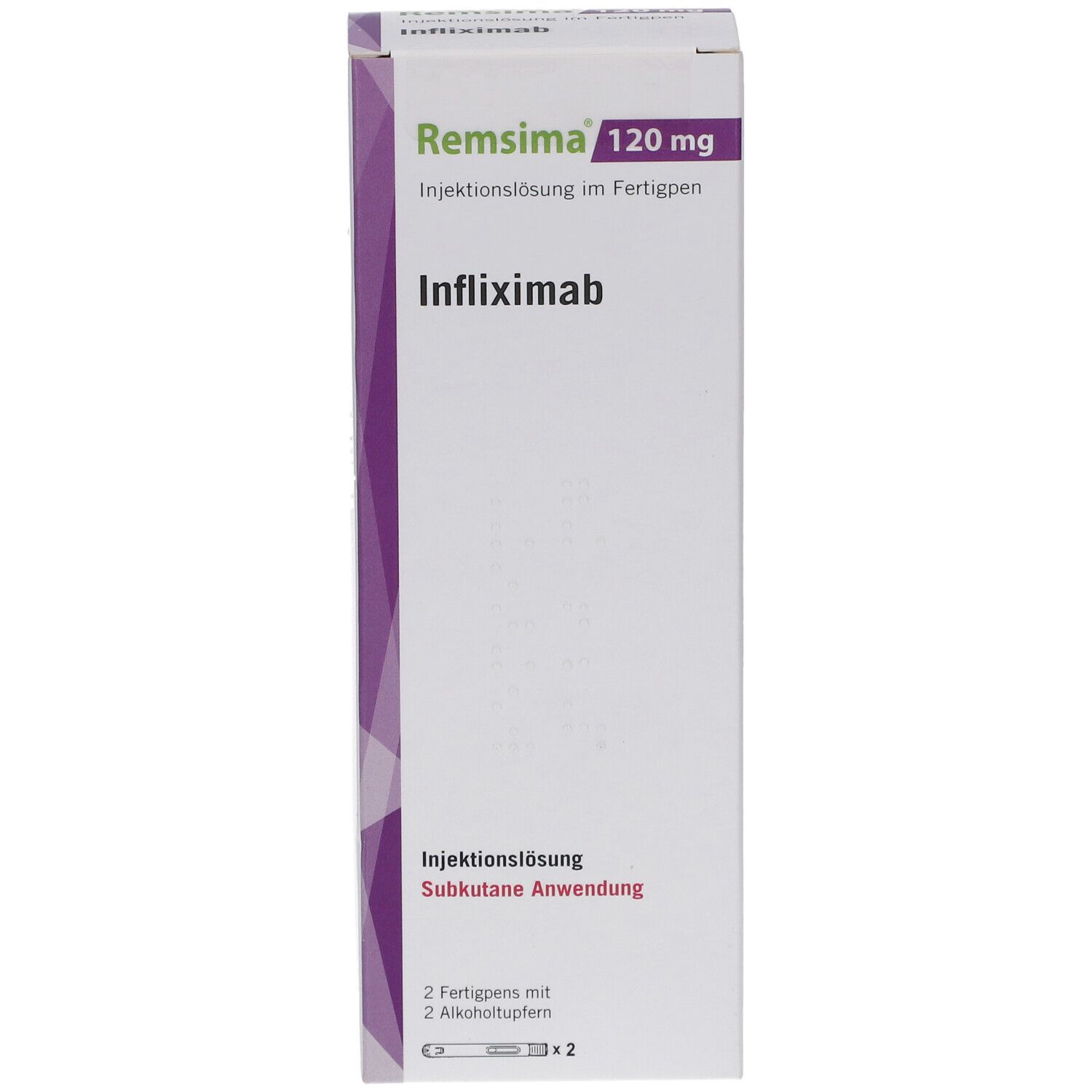 Schachtel mit REMSIMA 120 mg Injektionslösung im Fertigpen. Lila Akzent. Infliximab. 2 Fertigpens und 2 Alkoholtupfer.