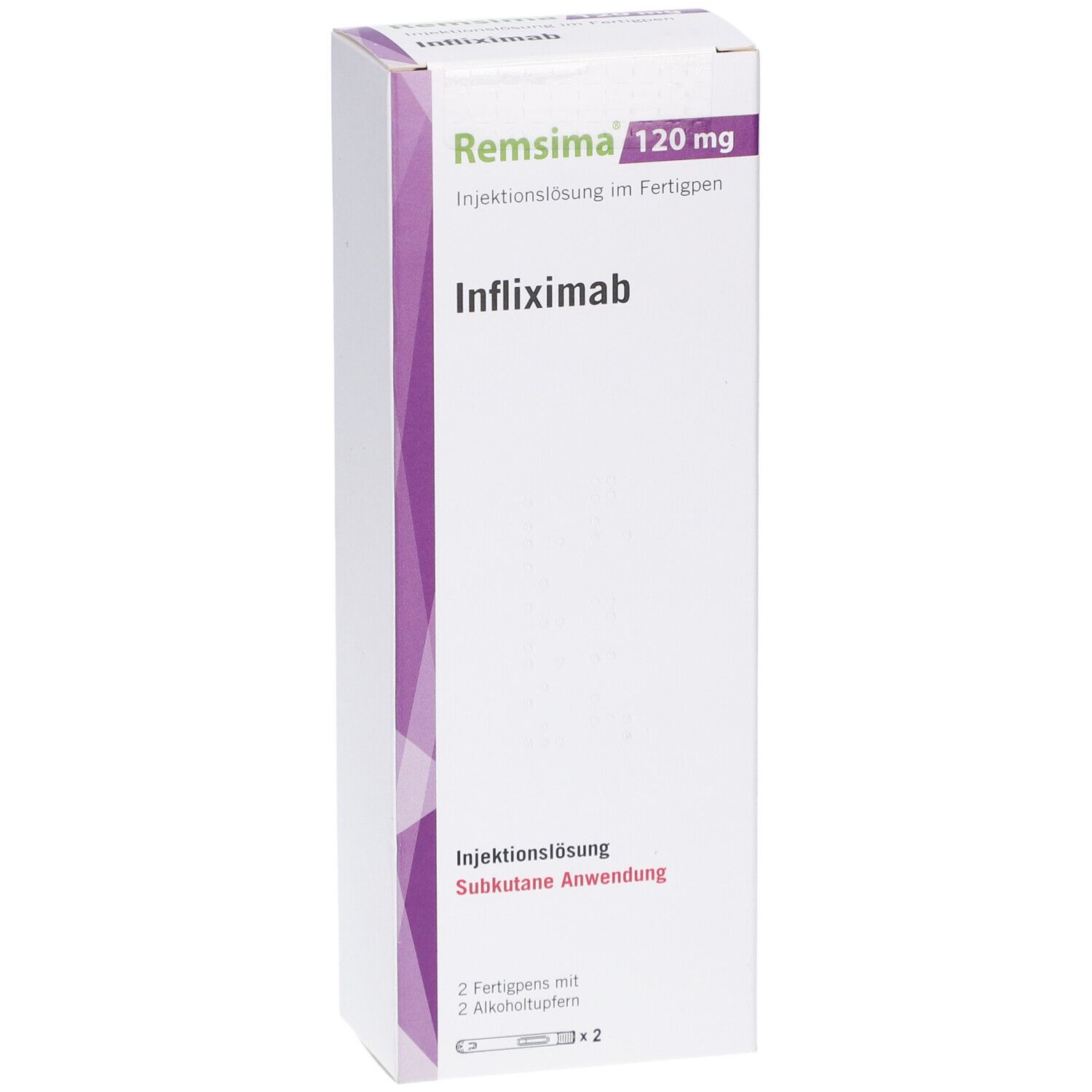 Schachtel mit REMSIMA 120 mg Injektionslösung im Fertigpen. Lila Akzent. Infliximab. 2 Fertigpens und 2 Alkoholtupfer.