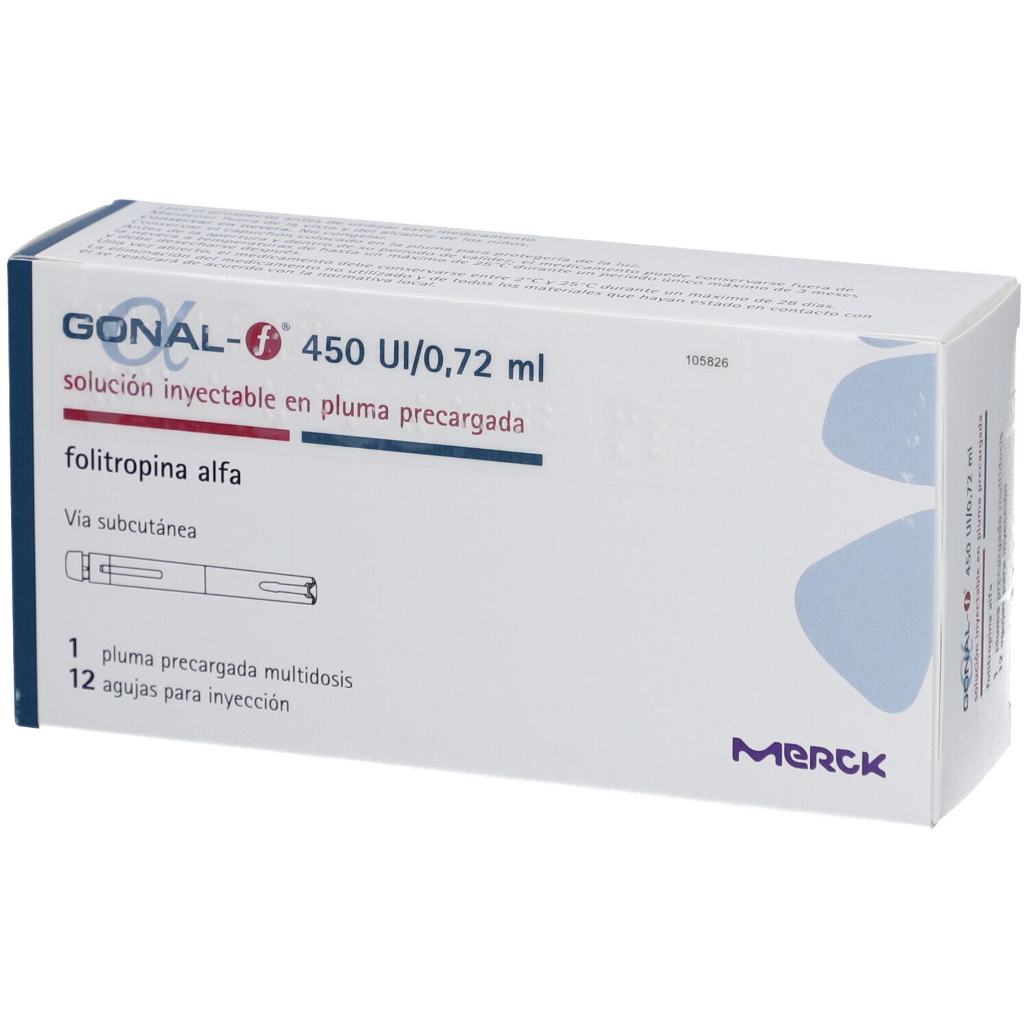Karton GONAL-f 450 IE/0,72 ml. Aufschrift: f, Injektionslösung, Fertigpen, 1 Pen, 12 Nadeln. Merck-Logo.