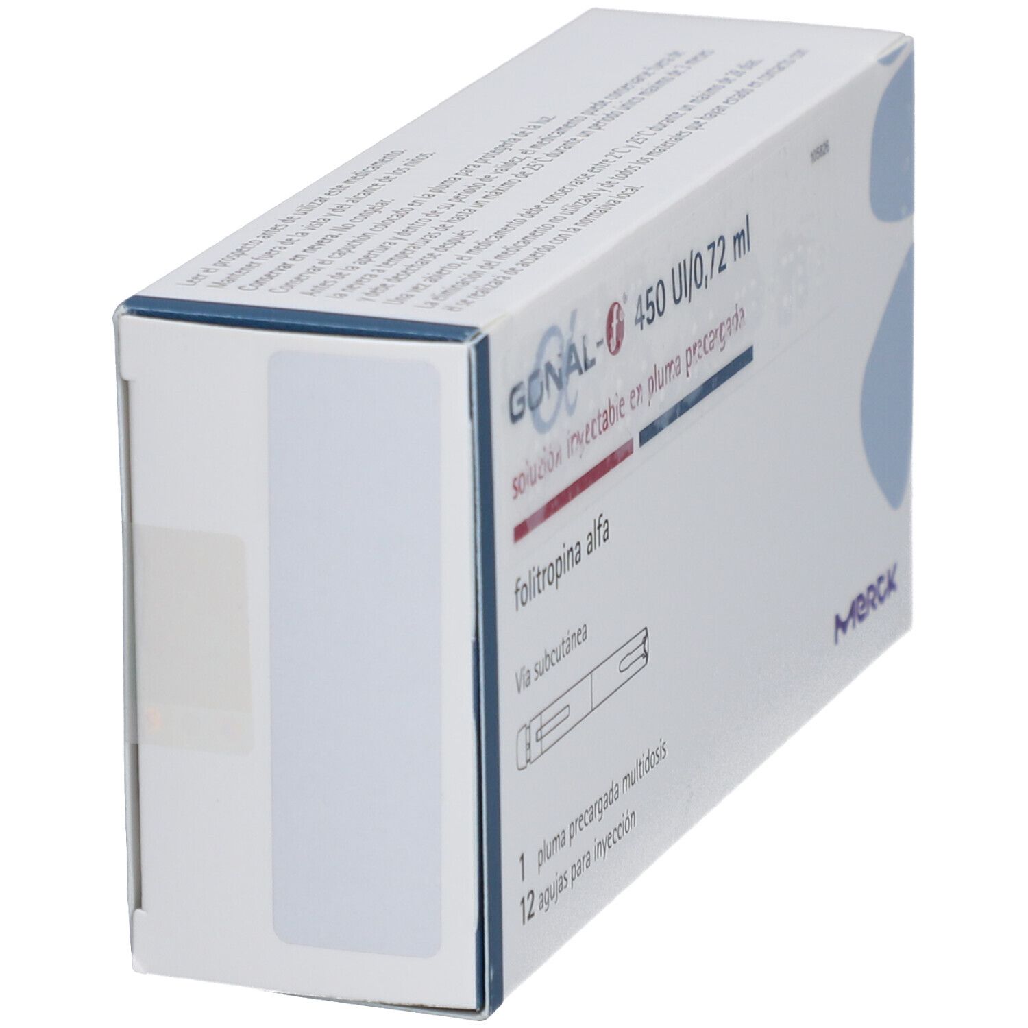 Schrägansicht der GONAL-f-Verpackung. Aufschrift: GONAL-f 450 IE/0,72 ml, Injektionslösung, Fertigpen. Merck-Logo.