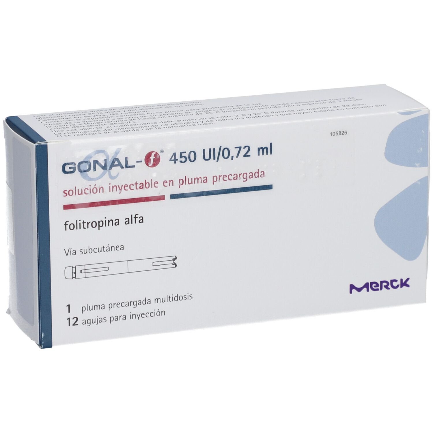 GONAL-f-Verpackung. Aufschrift: GONAL-f 450 IE/0,72 ml, Injektionslösung, Fertigpen, 1 Pen, 12 Nadeln. Merck-Logo.