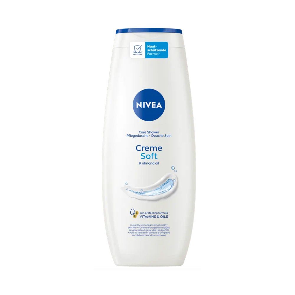 Weiße Flasche mit blauem Deckel. Aufschrift: Nivea Creme Soft & almond oil. Logo: Nivea. Mit Haut-schützende Formel.