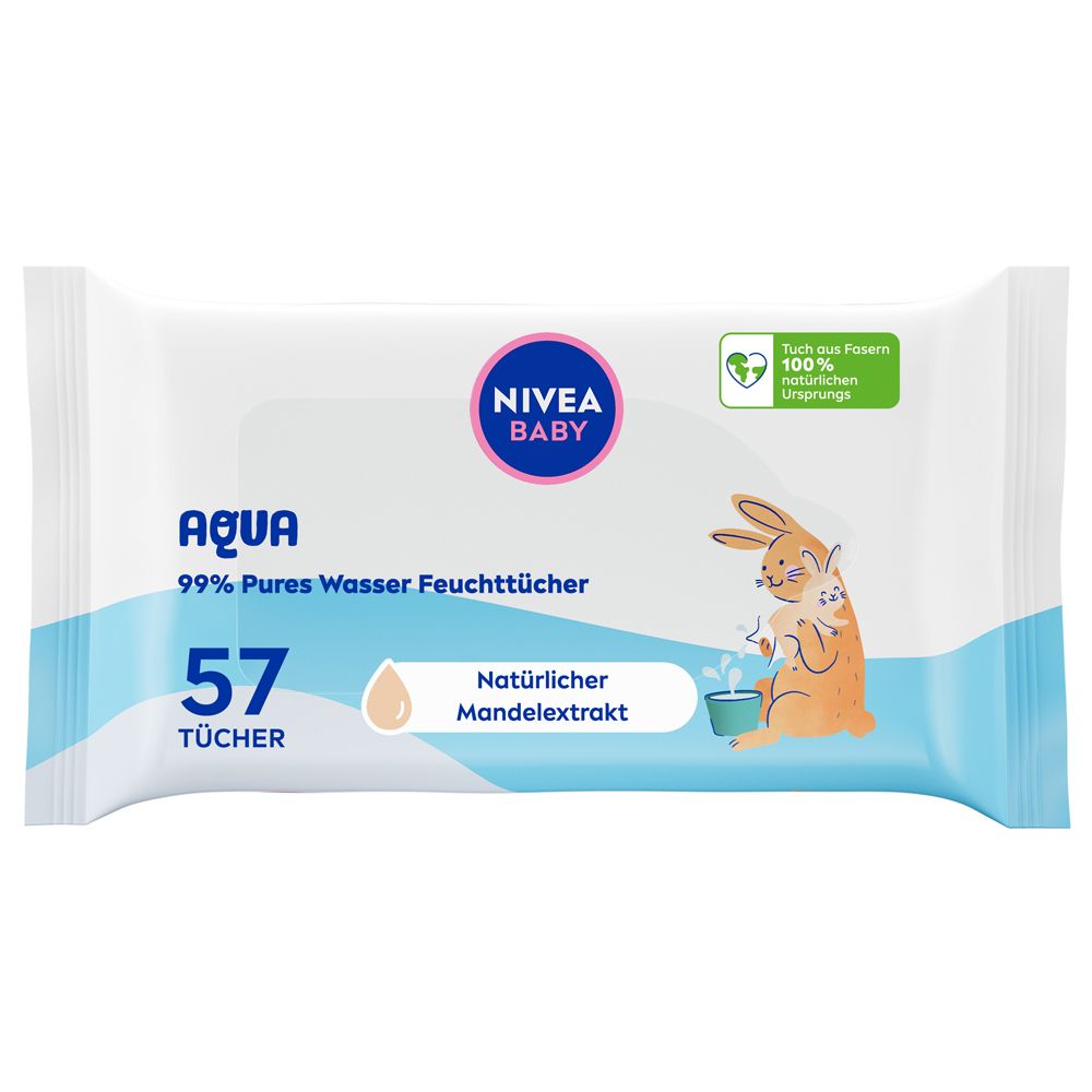NIVEA BABY Aqua Feuchttücher mit 57 Tüchern, natürlichem Mandelextrakt und einem Hasenmotiv.