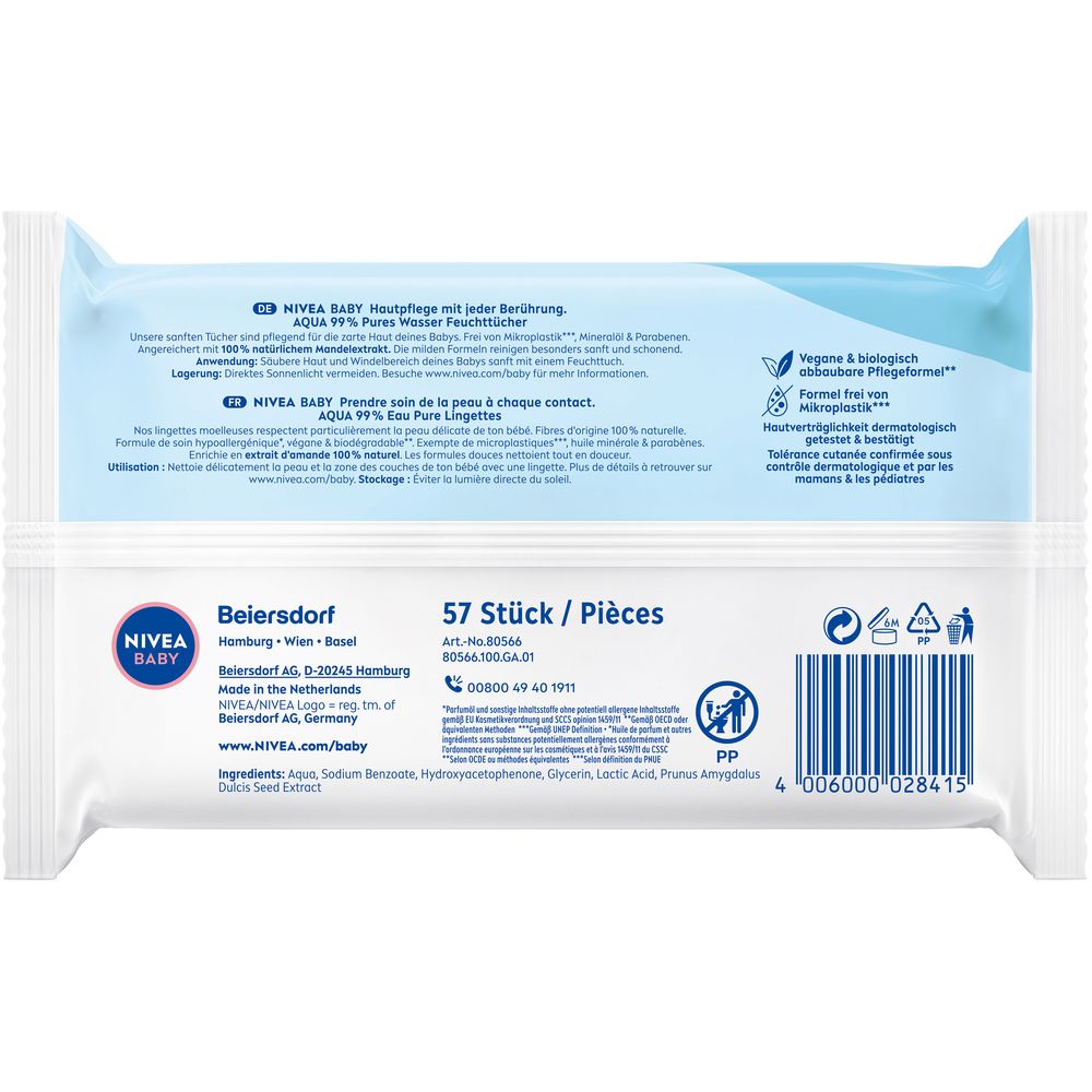 Rückseite der NIVEA BABY Aqua Feuchttücher-Packung mit Produktinformationen und Barcode.