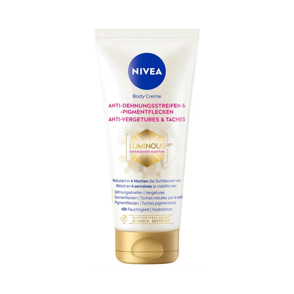 Weiße Tube mit goldfarbenem Verschluss. Aufschrift: NIVEA Body Creme, Anti-Dehnungsstreifen & -Pigmentflecken. Luminous630.