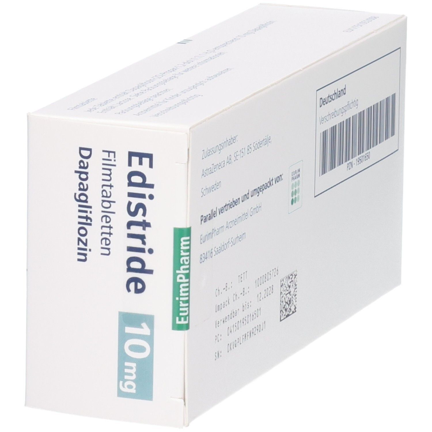 Seitenansicht der Edistride 10 mg Filmtabletten Verpackung mit Herstellerinformationen.
