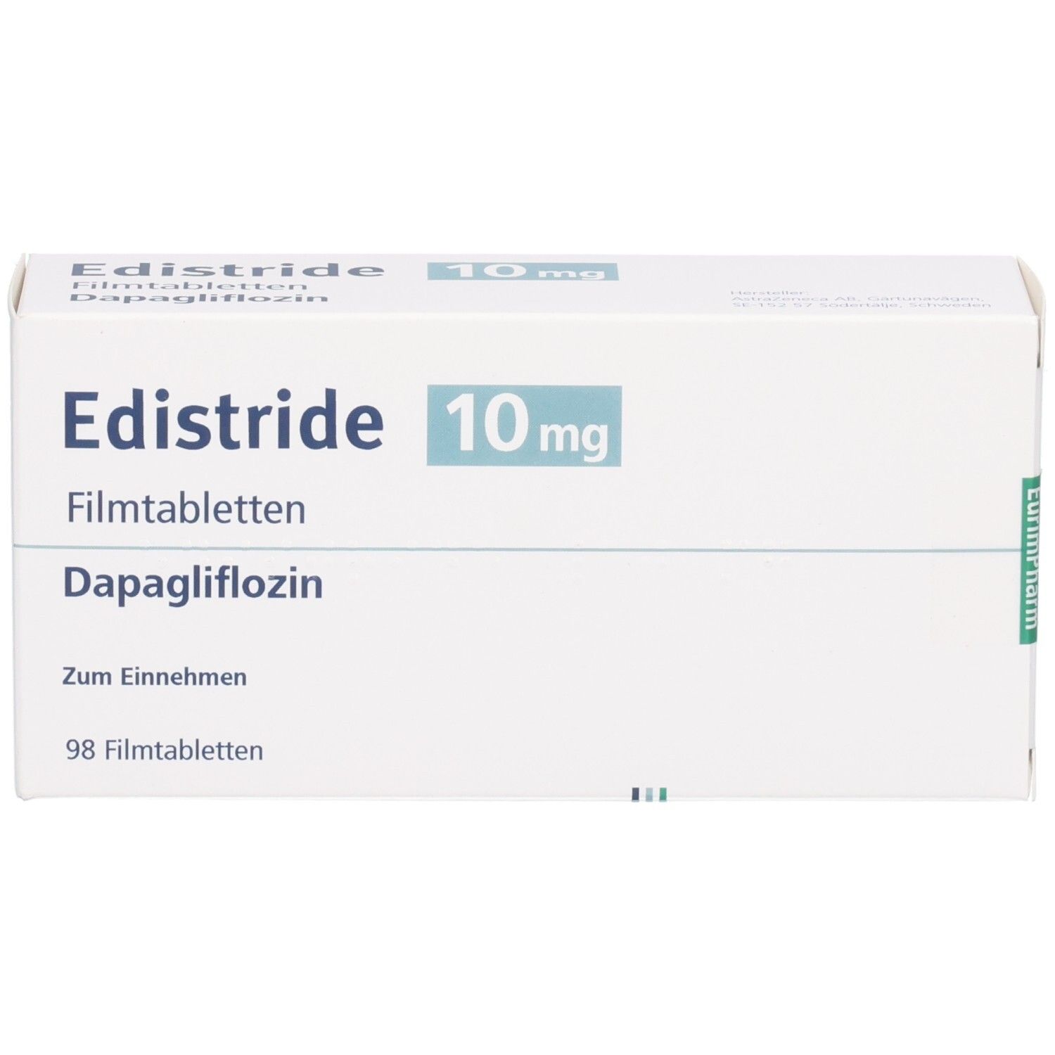 Vorderseite der Edistride 10 mg Filmtabletten Verpackung, 98 Filmtabletten.