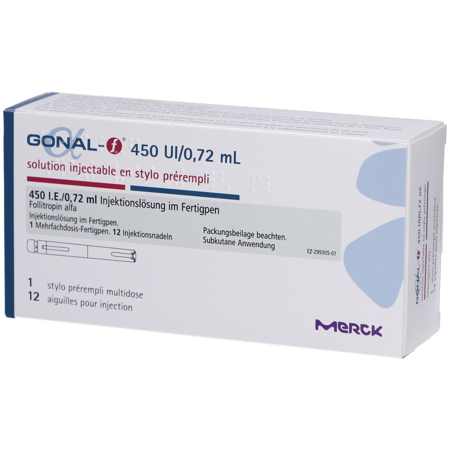 Karton GONAL-f 450 UI/0,72 ml. Enthält Fertigpen und Injektionsnadeln. Merck-Logo.