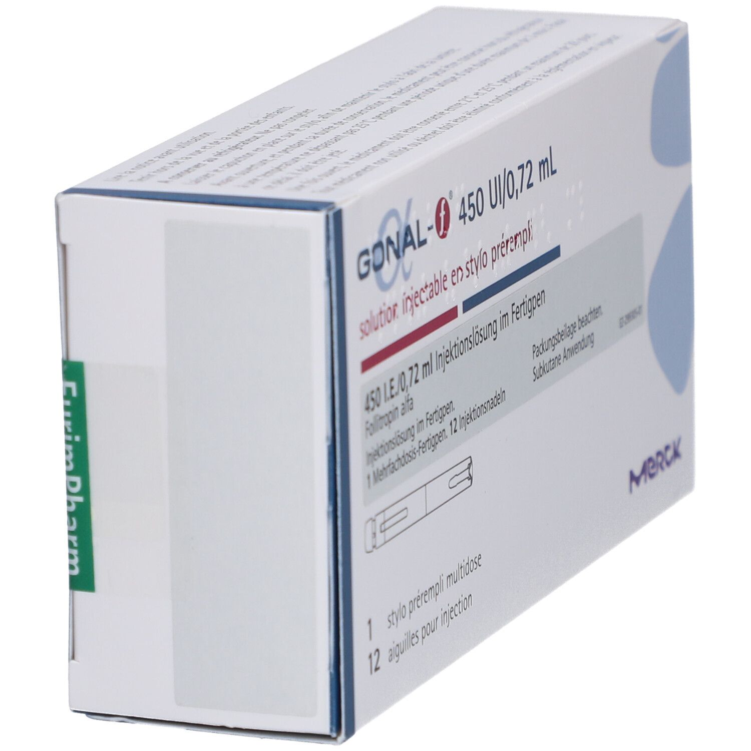 Karton GONAL-f 450 UI/0,72 ml. Seitenansicht. Merck-Logo.