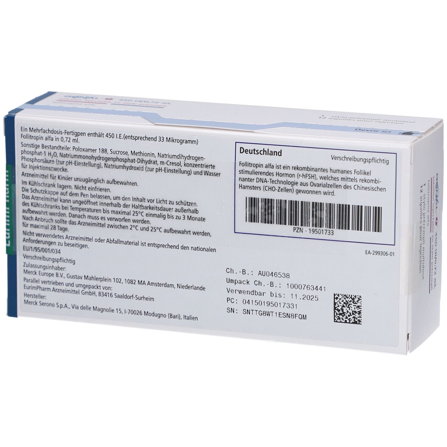 Rückseite der GONAL-f 450 UI/0,72 ml Packung. Textinformationen und Barcode.