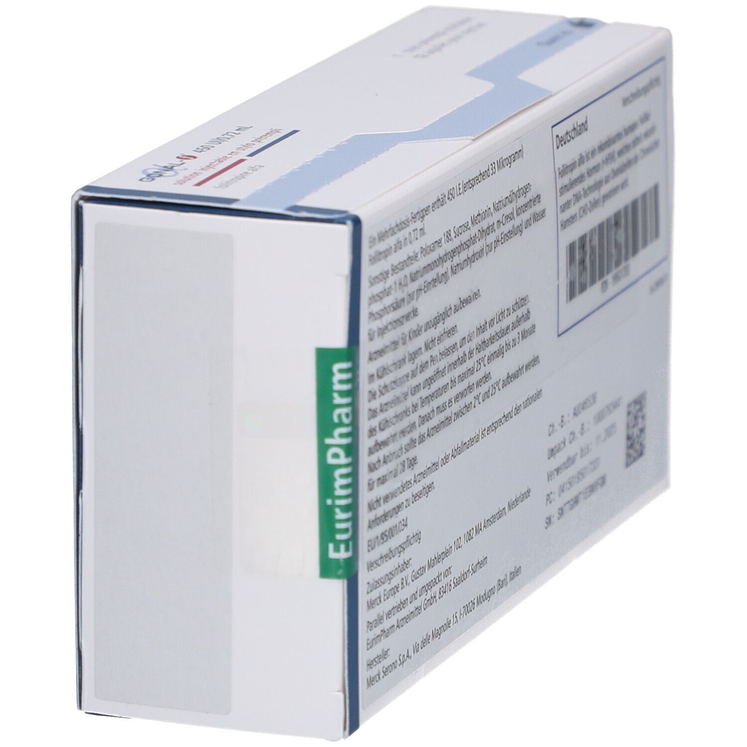 Seitenansicht der GONAL-f 450 UI/0,72 ml Packung. Text und Etikett.