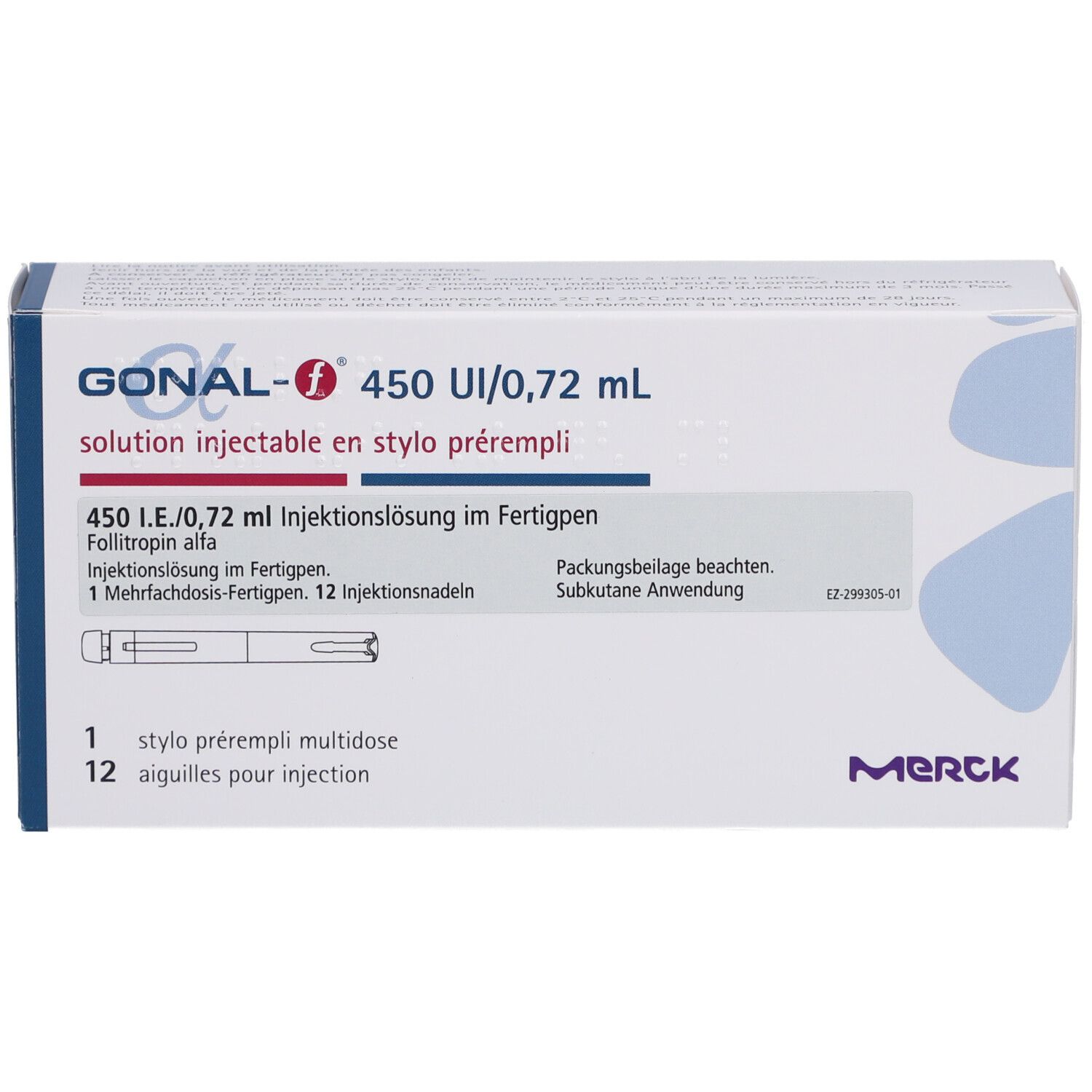 Karton GONAL-f 450 UI/0,72 ml. Enthält Fertigpen und Injektionsnadeln. Merck-Logo.