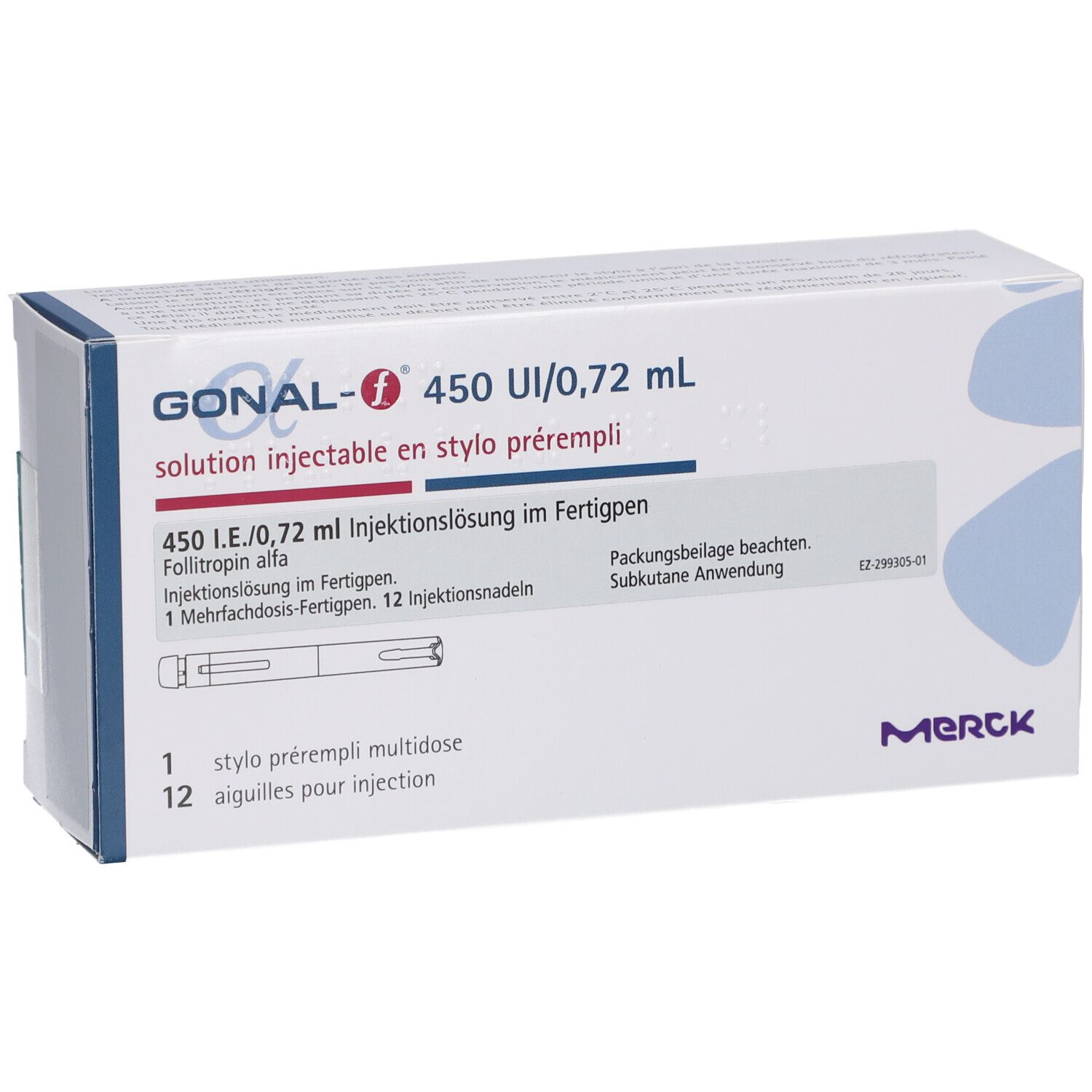 Karton GONAL-f 450 UI/0,72 ml. Enthält Fertigpen und Injektionsnadeln. Merck-Logo.