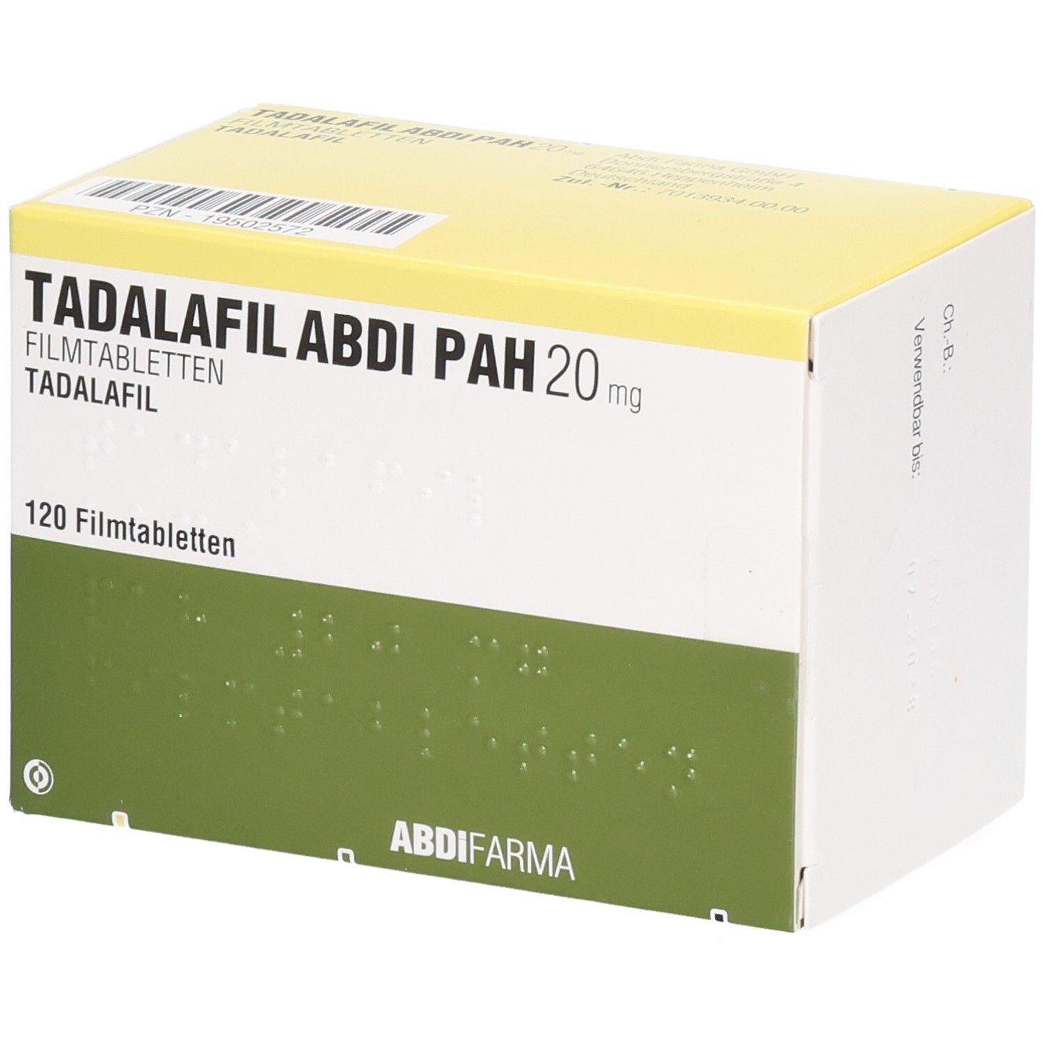 Schachtel mit TADALAFIL ABDI PAH 20 mg Filmtabletten. 120 Tabletten. Grün-weiße Verpackung mit Produktnamen und Logo.