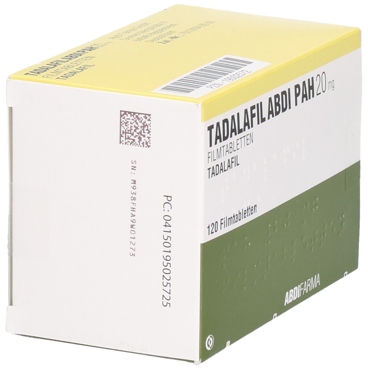 Verpackung von TADALAFIL ABDI PAH 20 mg Filmtabletten. 120 Tabletten. Weiße Schachtel mit grüner Fläche und Produktinformationen.