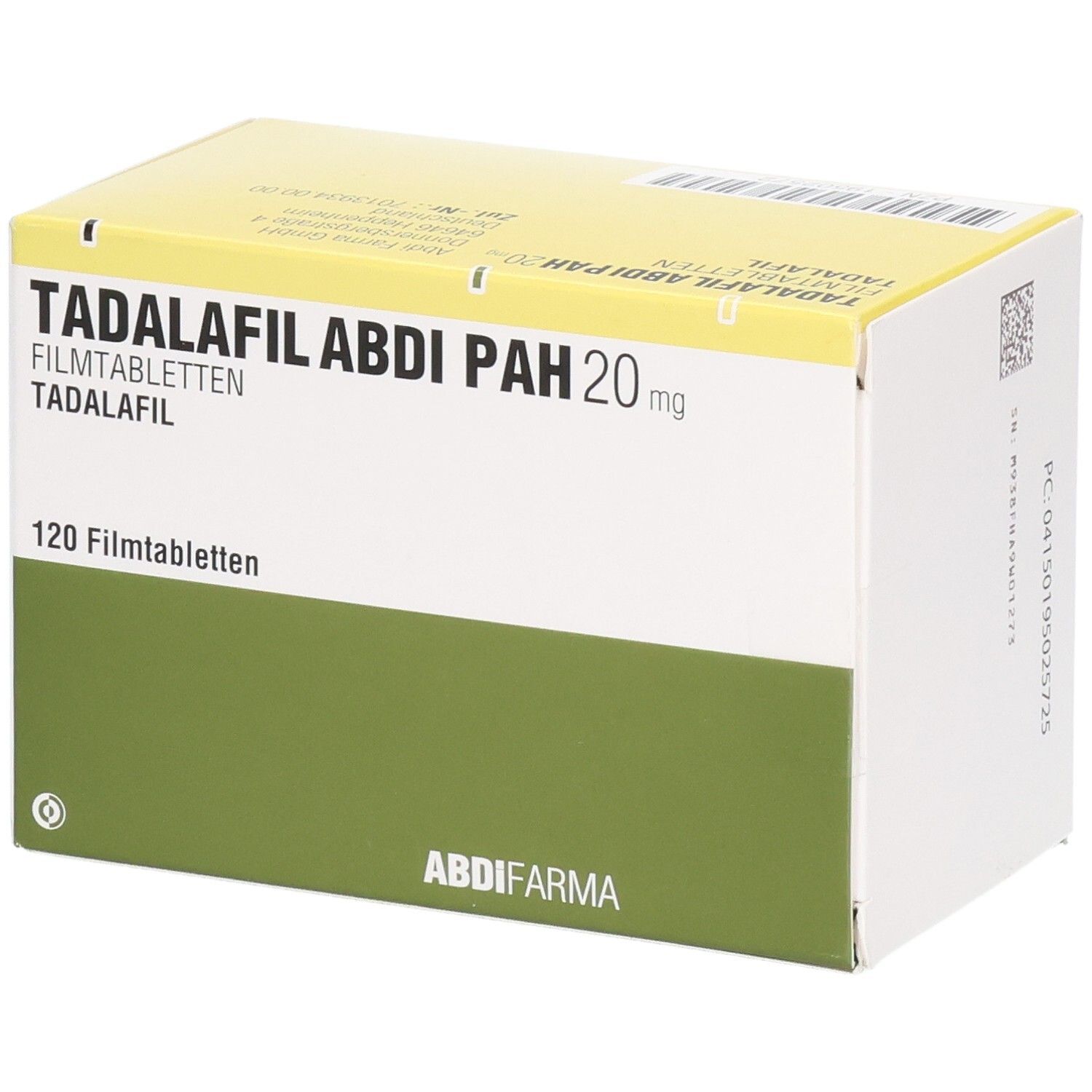 Schachtel mit TADALAFIL ABDI PAH 20 mg Filmtabletten. 120 Tabletten. Verpackung mit Produktnamen, Logo und grüner Fläche.