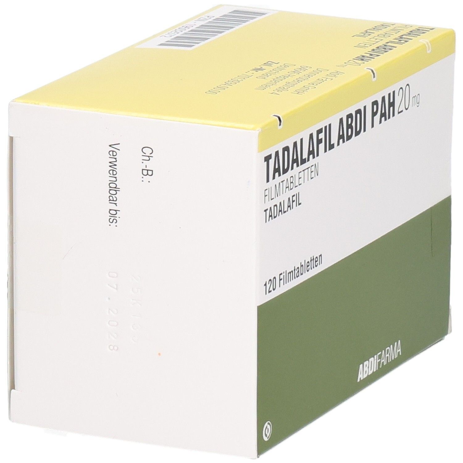 Verpackung von TADALAFIL ABDI PAH 20 mg Filmtabletten. 120 Tabletten. Weiße Schachtel mit grüner Fläche und Verfallsdatum.