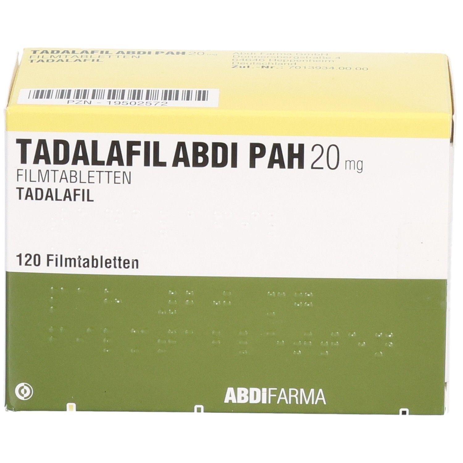 Schachtel mit TADALAFIL ABDI PAH 20 mg Filmtabletten. 120 Tabletten. Verpackung mit Produktnamen, Logo und grüner Fläche.