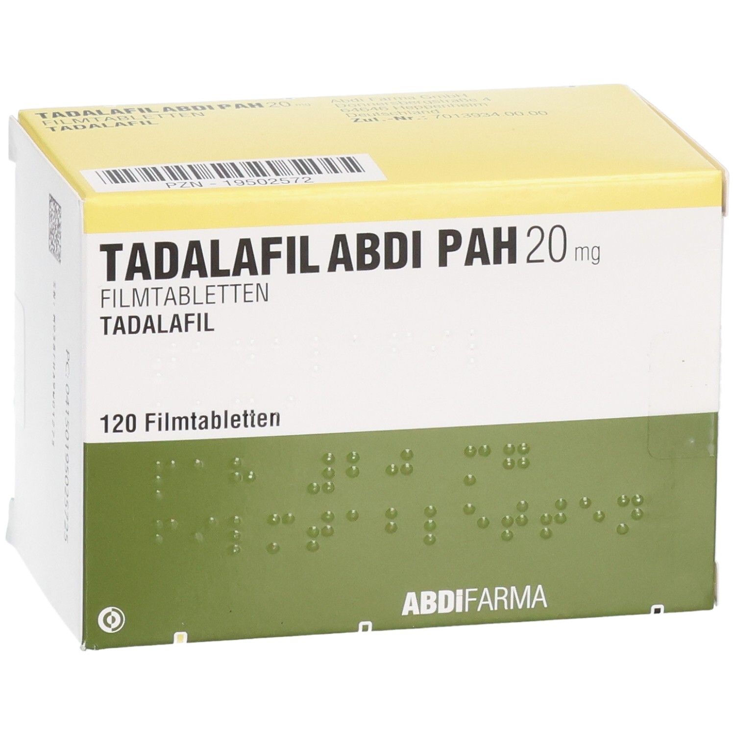 Verpackung von TADALAFIL ABDI PAH 20 mg Filmtabletten. 120 Tabletten. Weiße Schachtel mit Produktinformationen und Logo.