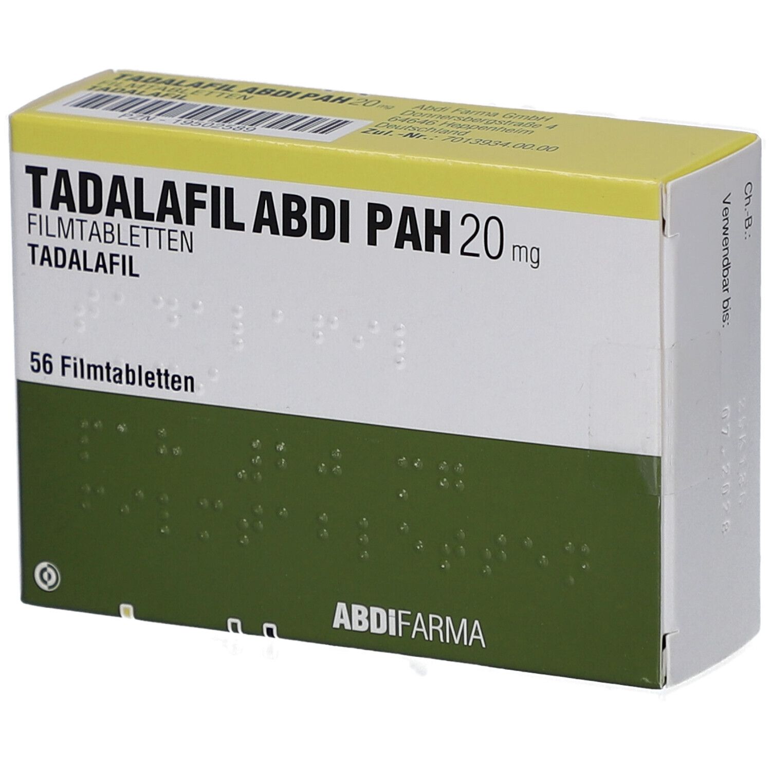 Schachtel mit TADALAFIL ABDI PAH 20 mg Filmtabletten. Grün-weiß, gelber Deckel. 56 Filmtabletten. ABDI FARMA Logo.
