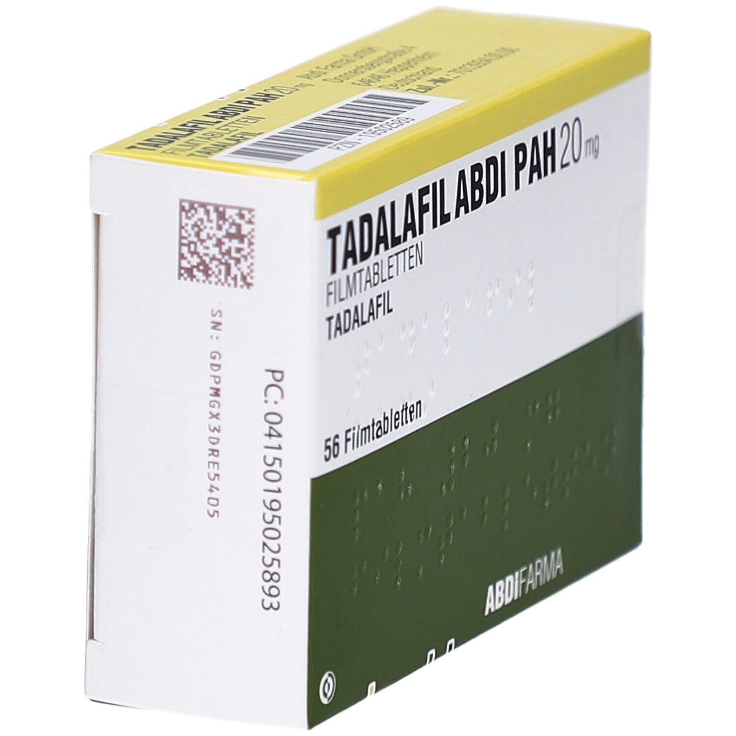 Schachtel mit TADALAFIL ABDI PAH 20 mg Filmtabletten. Seitenansicht. Grün-weiß, gelber Deckel. 56 Filmtabletten. ABDI FARMA Logo.