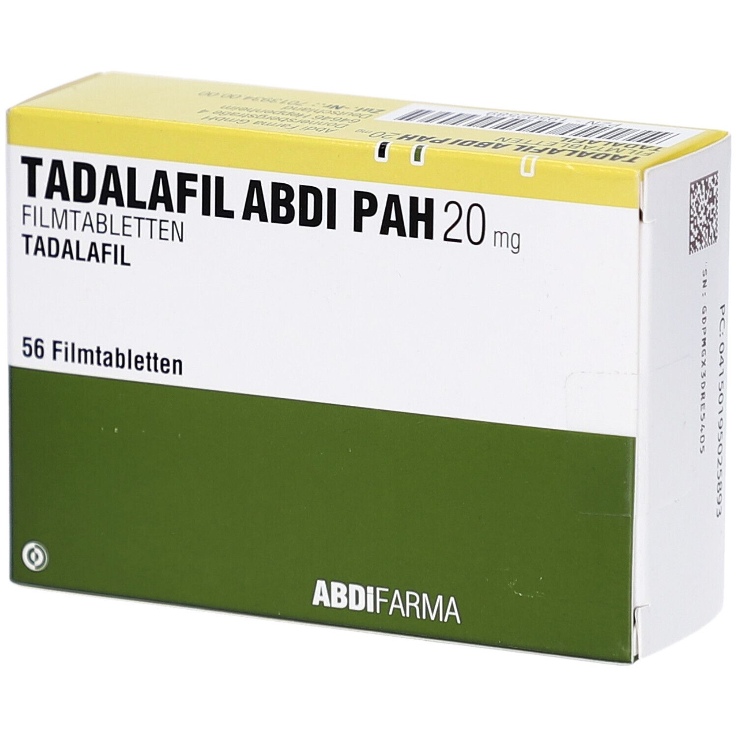 Schachtel mit TADALAFIL ABDI PAH 20 mg Filmtabletten. Grün-weiß, gelber Deckel. 56 Filmtabletten. ABDI FARMA Logo.