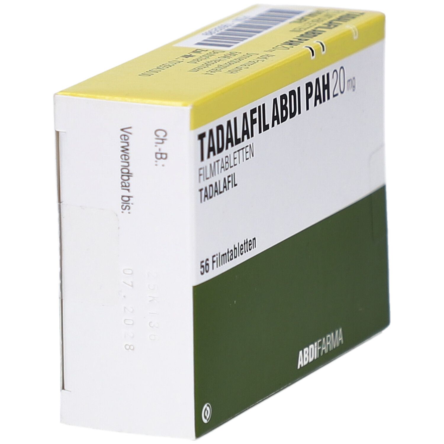 Schachtel mit TADALAFIL ABDI PAH 20 mg Filmtabletten. Seitenansicht. Grün-weiß, gelber Deckel. 56 Filmtabletten. ABDI FARMA Logo.