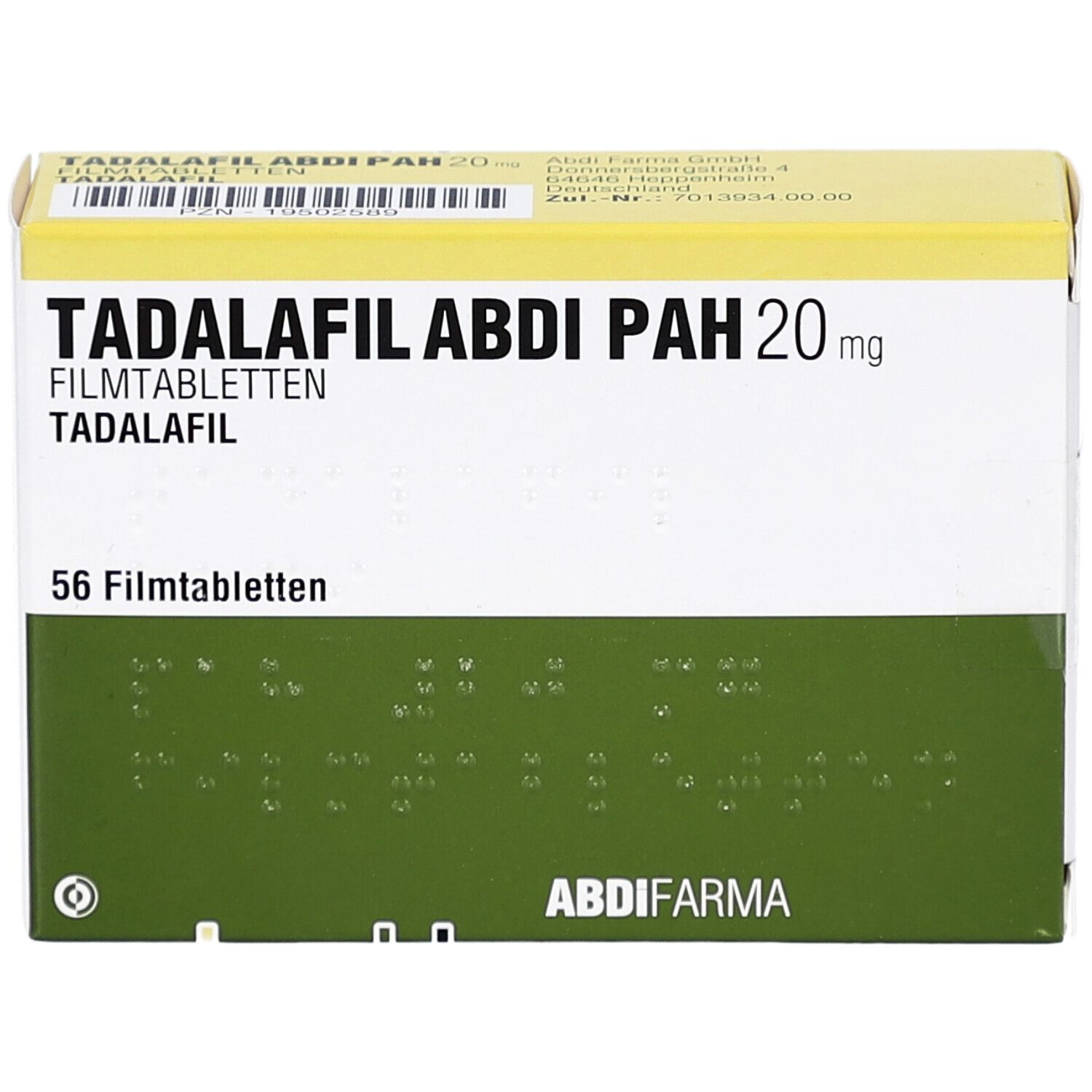 Schachtel mit TADALAFIL ABDI PAH 20 mg Filmtabletten. Grün-weiß, gelber Deckel. 56 Filmtabletten. ABDI FARMA Logo.