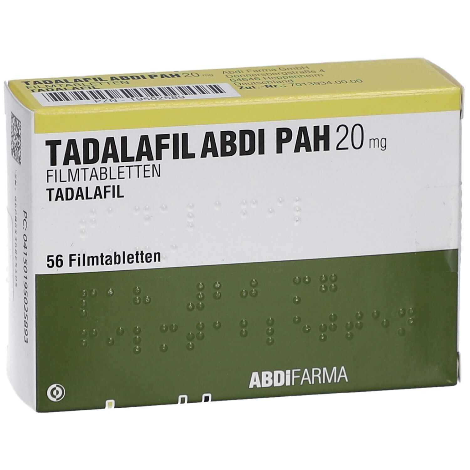 Schachtel mit TADALAFIL ABDI PAH 20 mg Filmtabletten. Grün-weiß, gelber Deckel. 56 Filmtabletten. ABDI FARMA Logo.