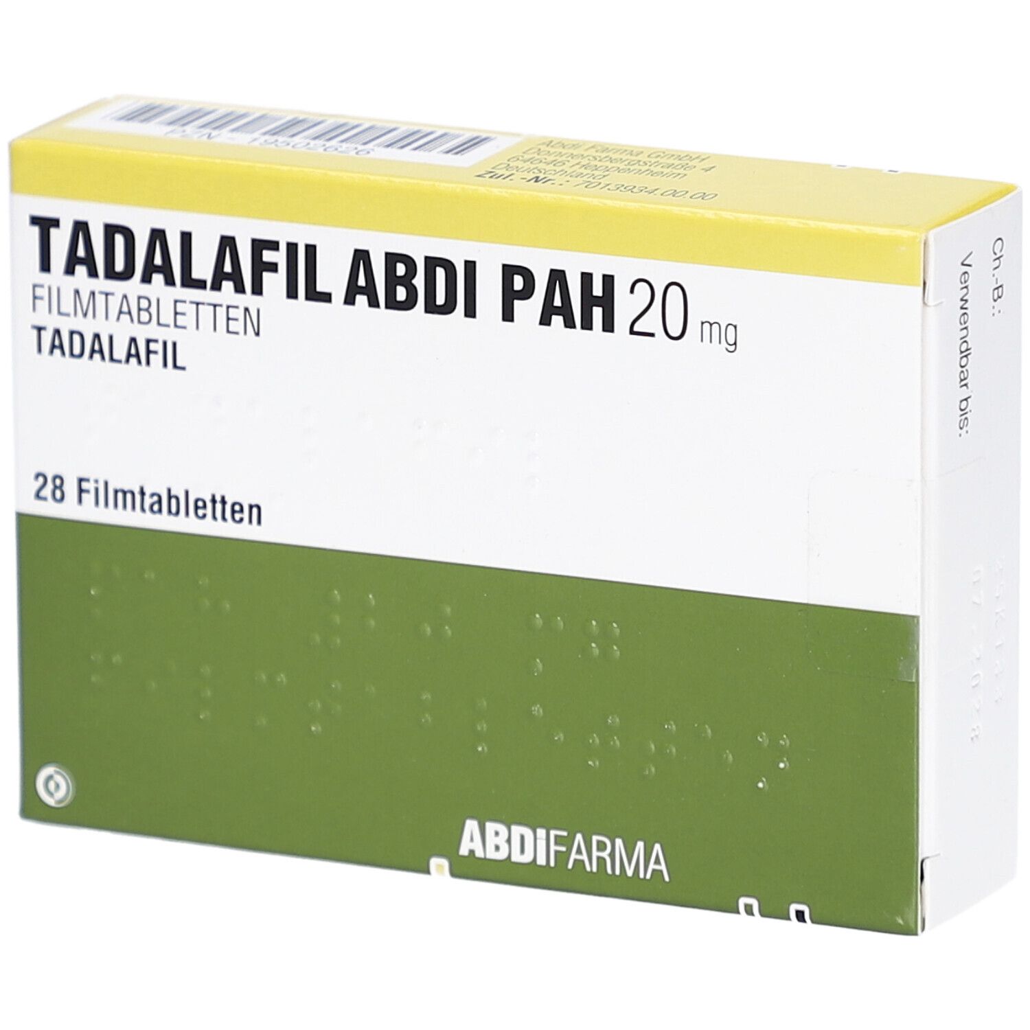 Schachtel mit TADALAFIL ABDI PAH 20 mg Filmtabletten. Grün-weißes Design. Enthält 28 Filmtabletten. ABDI FARMA Logo.