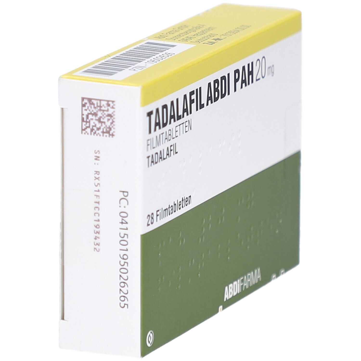 Schachtel TADALAFIL ABDI PAH 20 mg, schräg. Grün-weißes Design. 28 Filmtabletten. ABDI FARMA Logo. Barcode und weitere Informationen.