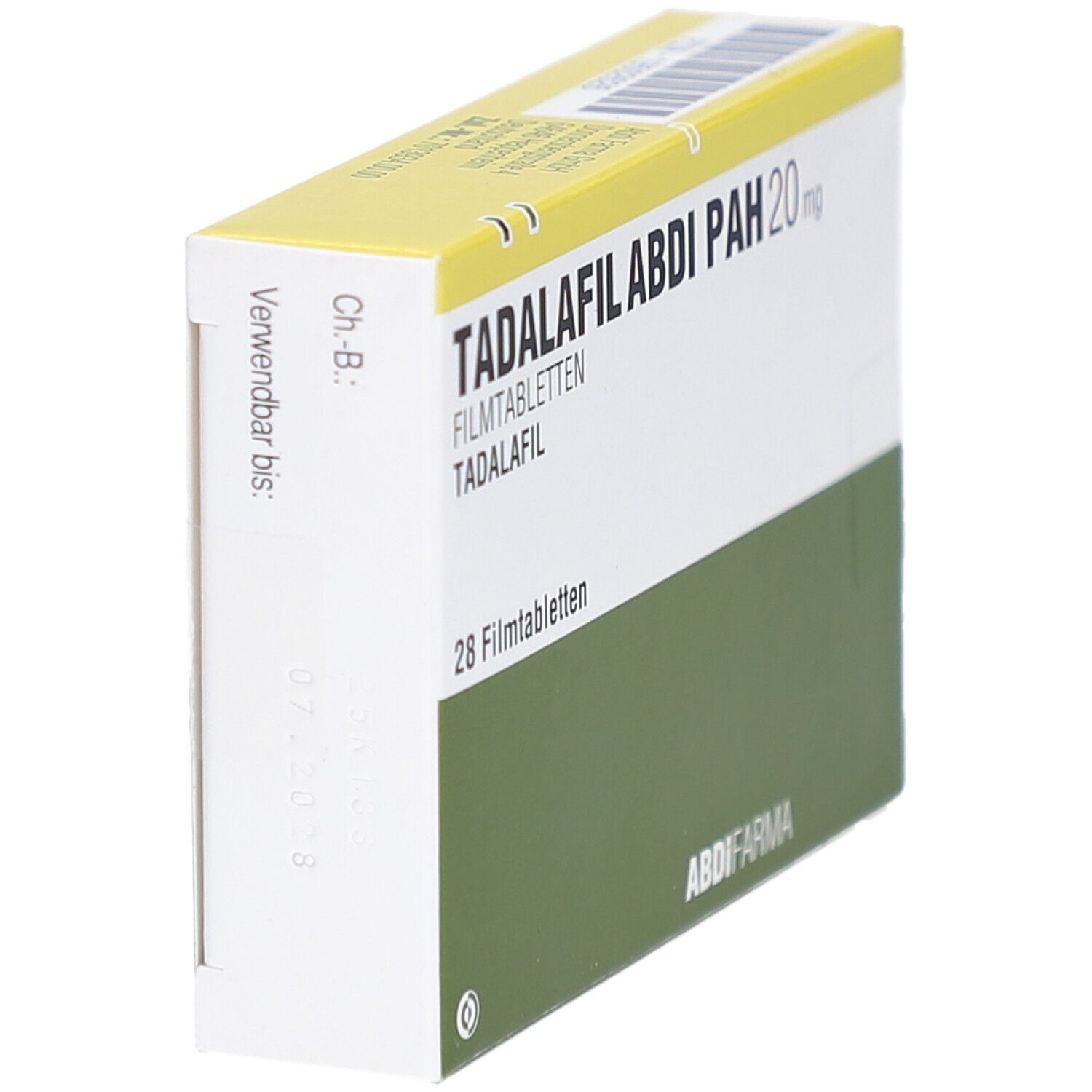 Schachtel TADALAFIL ABDI PAH 20 mg, schräg. Grün-weißes Design. 28 Filmtabletten. ABDI FARMA Logo. Verfallsdatum.