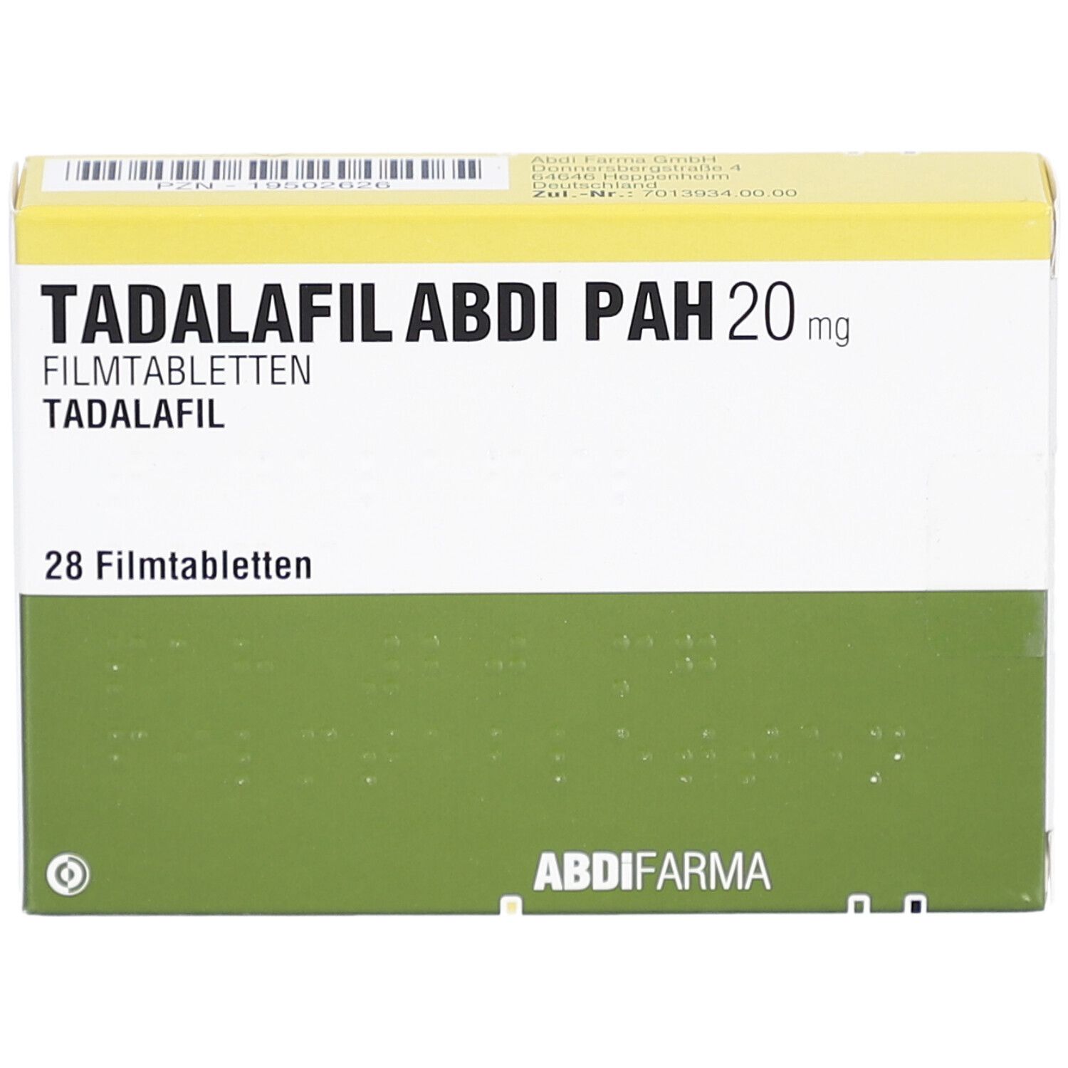 Schachtel TADALAFIL ABDI PAH 20 mg. Grün-weißes Design. 28 Filmtabletten. ABDI FARMA Logo. Braille-Schrift und weitere Informationen.