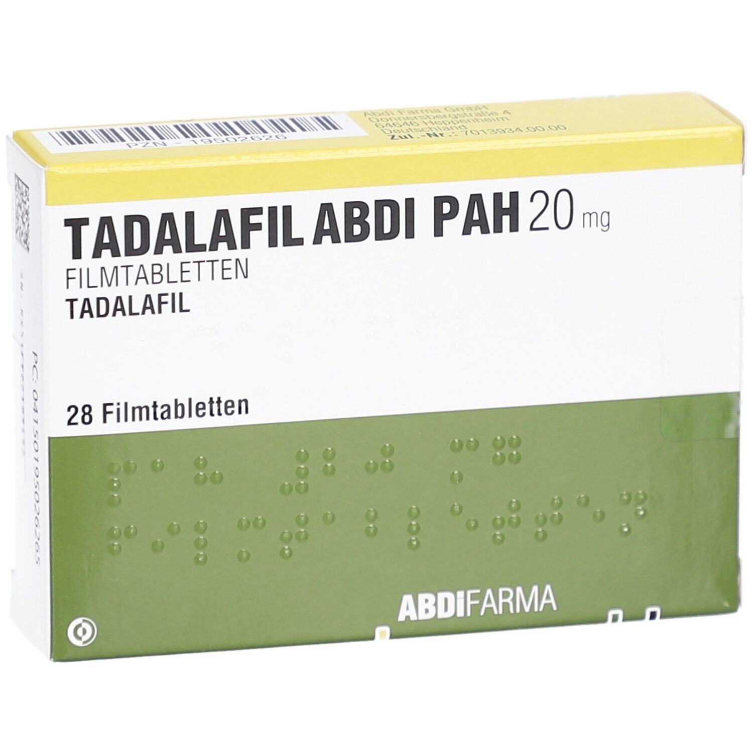 Schachtel TADALAFIL ABDI PAH 20 mg. Grün-weißes Design. 28 Filmtabletten. ABDI FARMA Logo. Braille-Schrift.