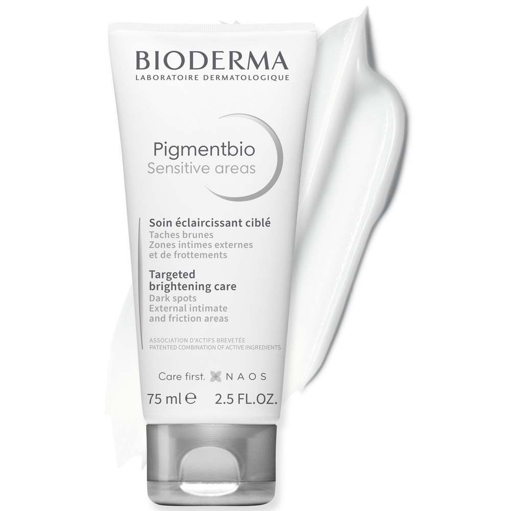 Weiße Tube BIODERMA Pigmentbio Sensitive areas. Produkt wird aufgetragen. 75 ml.