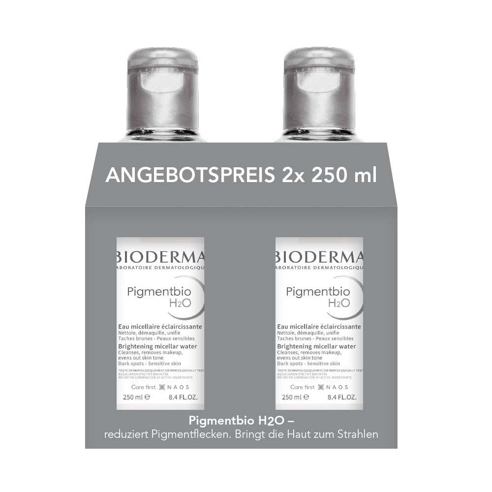 Set mit zwei Flaschen. BIODERMA Pigmentbio H2O, 250 ml. Graue Verpackung mit Produktnamen und Text. Deckel silber.